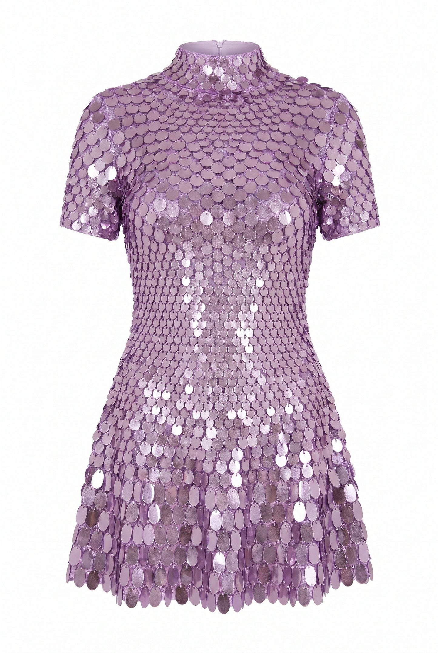 Dames Mini Jurk | Metallic Pailletten | Hoge Hals & Uitlopende Zoom