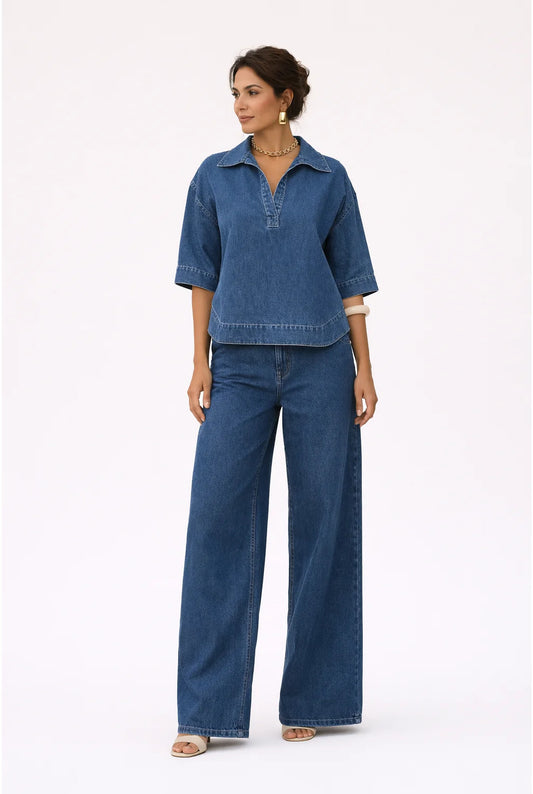 Dames Co-ord Set | Denim Look | Wijde Pijpen