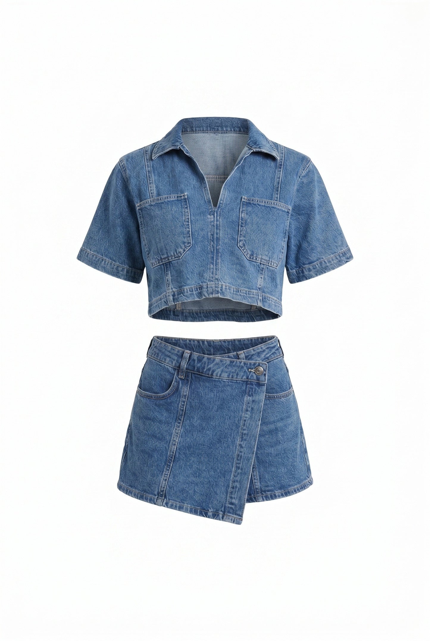 Women's Denim Co-ord Set | Cropped Blouse | Wrap Skort
