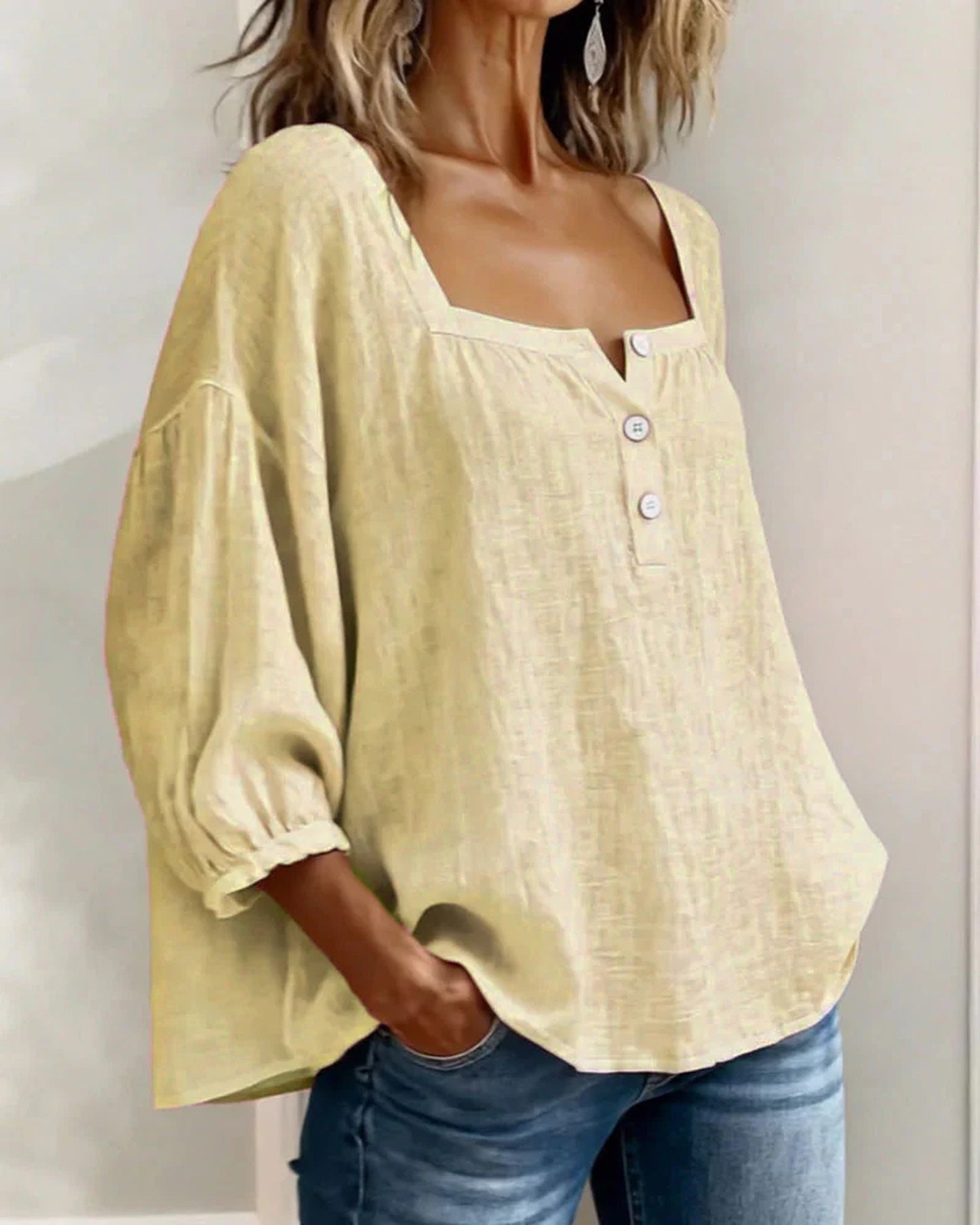 Gauburge Dames Top | Vierkante Halslijn met Knoopjes | Pofmouwen met Elastische Manchetten