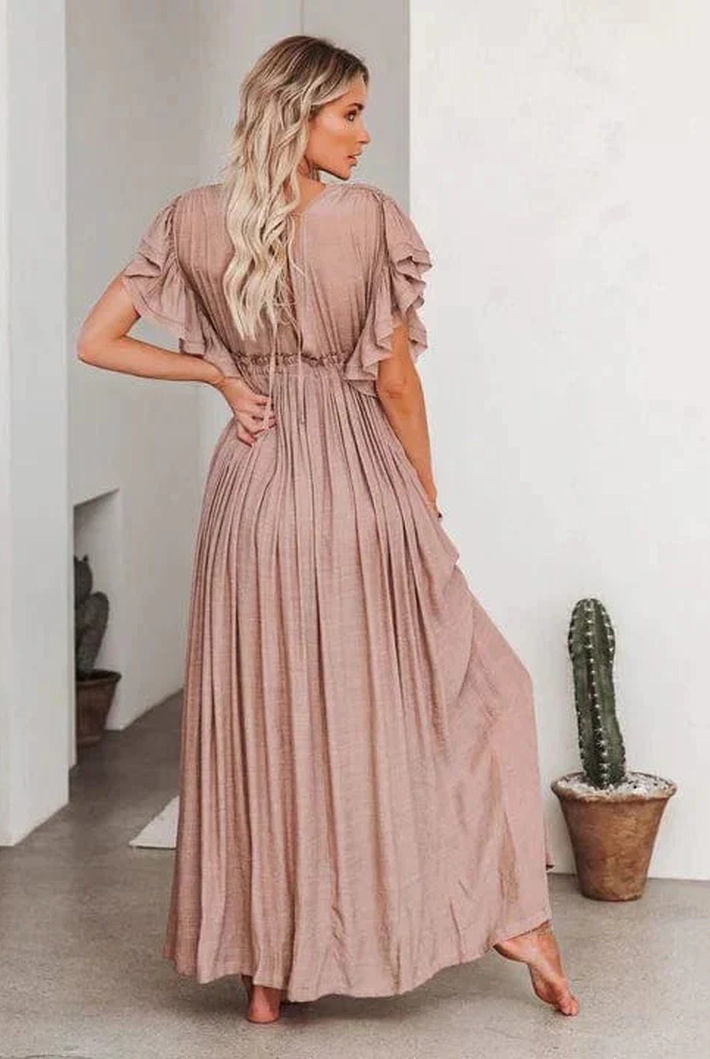 Lievine Dames Maxi Jurk | Diepe V-Hals | Gerimpelde Taille