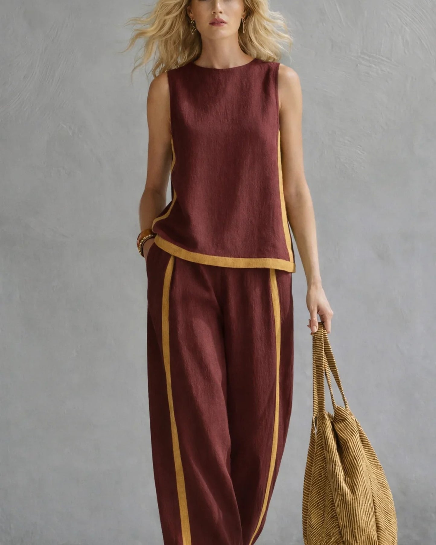 Aminte Dames Co-ord Set | Contrasterende Bies | Wijde Pijpen