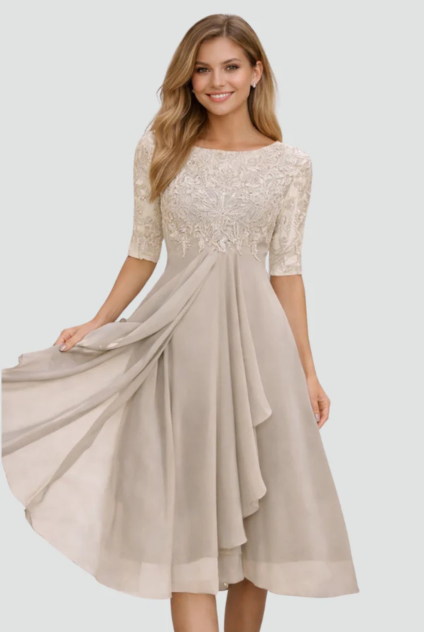 Adélie Dame Midi Kjole | Blonde Overlay Overdel | Udsvingende Chiffon Nederdel