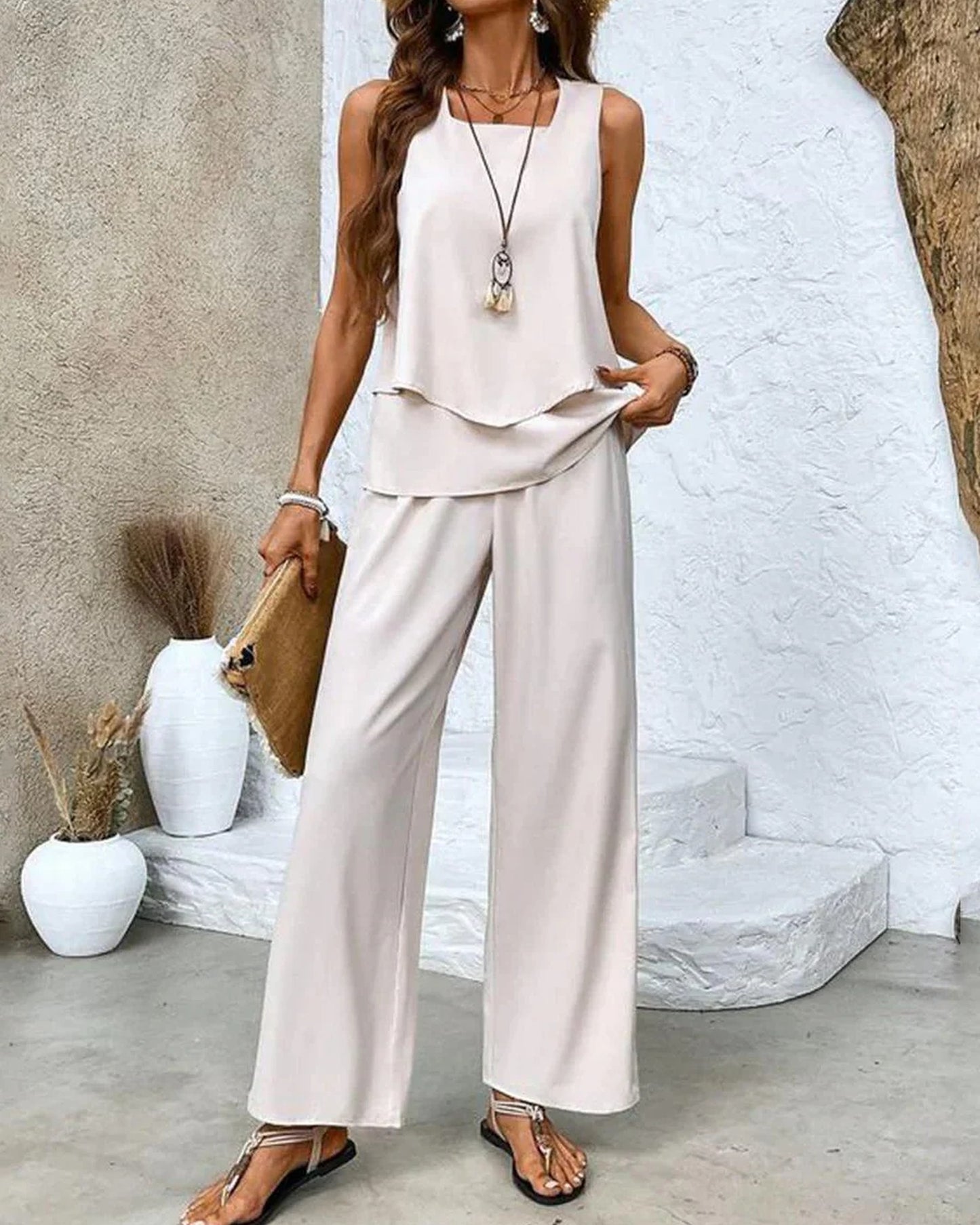 Circé Ladies Co-ord Set | Double Layer Top | Wide-Leg Palazzo Trousers