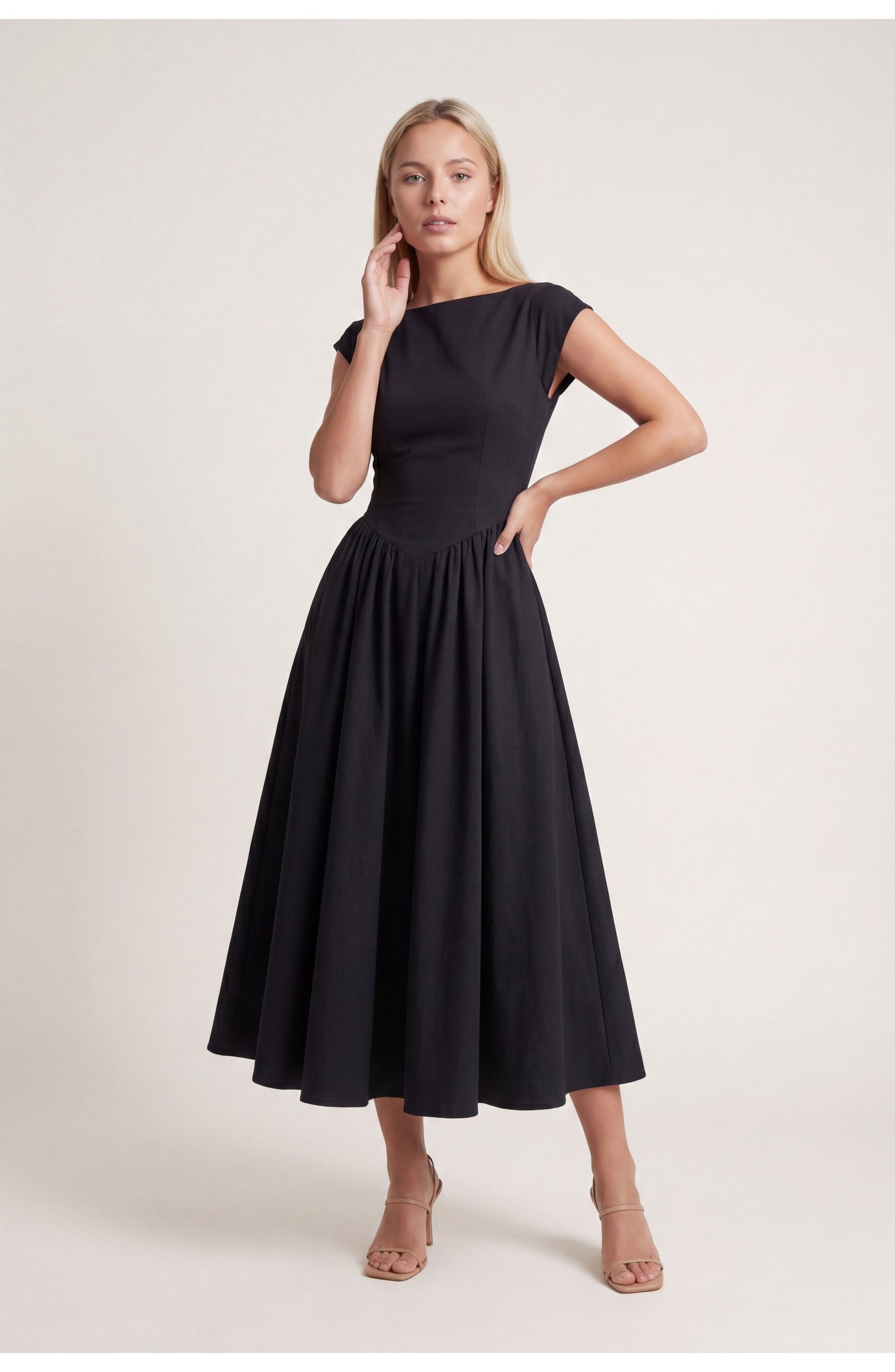 Véronique Women's Midi Dress | Round Neckline | Flared Skirt