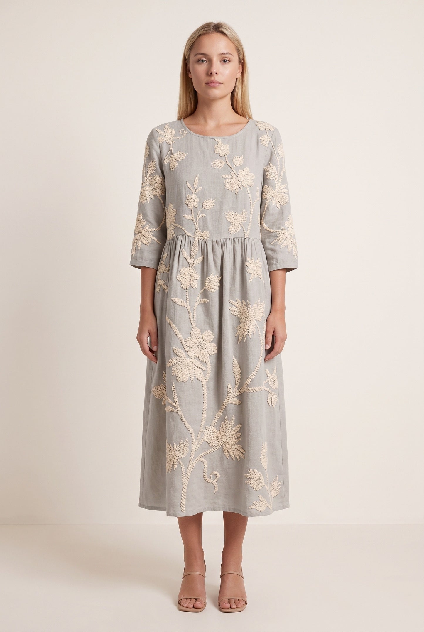 Morgane Dames Midi Jurk | Geborduurd Bloemenpatroon | Driekwart Mouwen