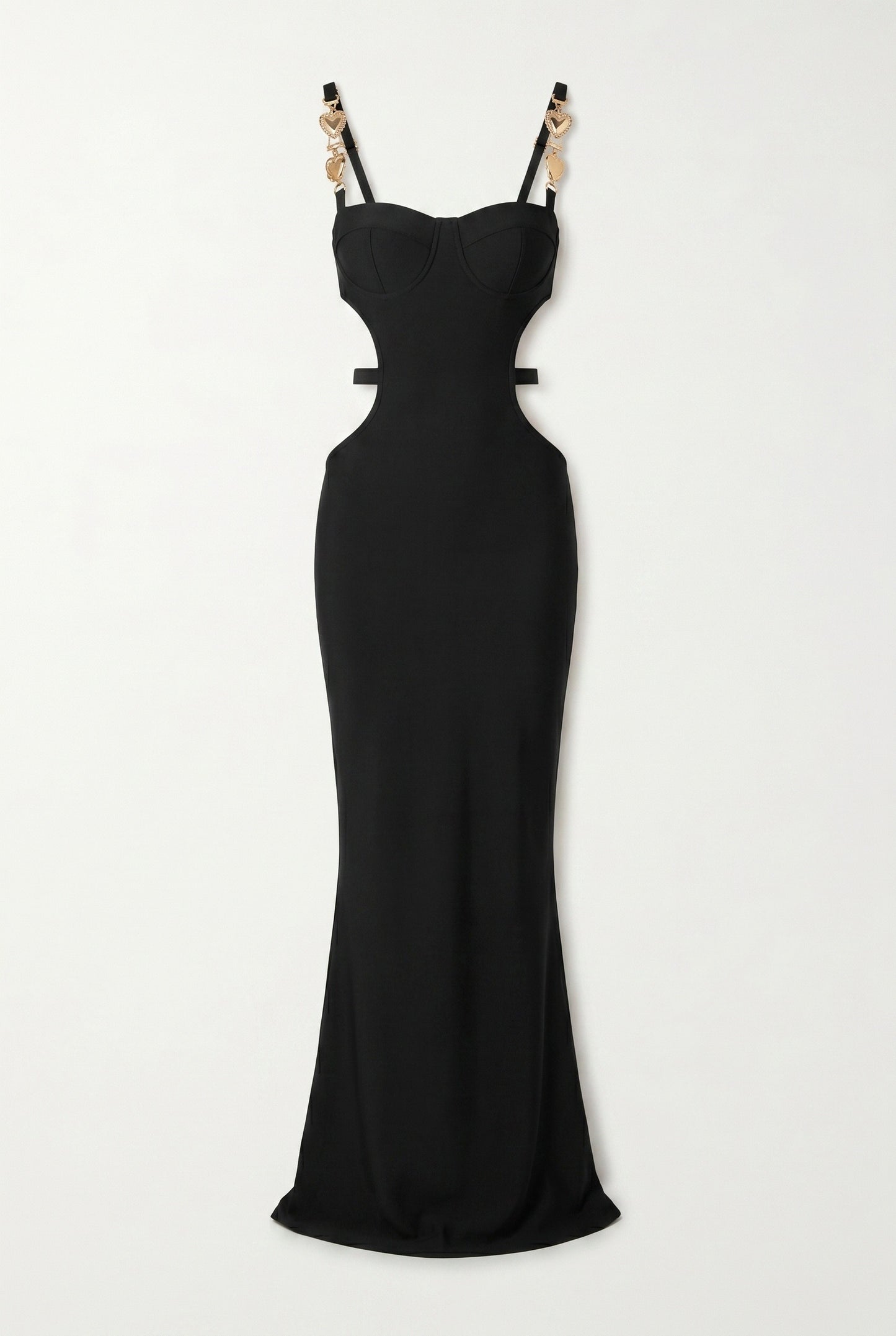 Women's Maxi Dress | Black Bustier with Gold Chain Straps | Cut-Out Waist