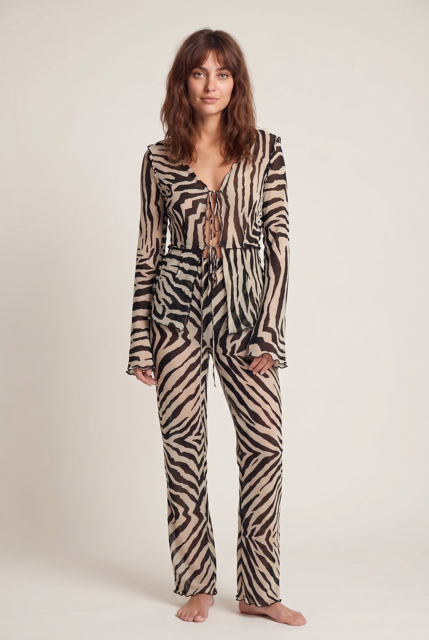 Women's Co-Ord Set | Zebra Print | Tie Detail and Long Sleeves