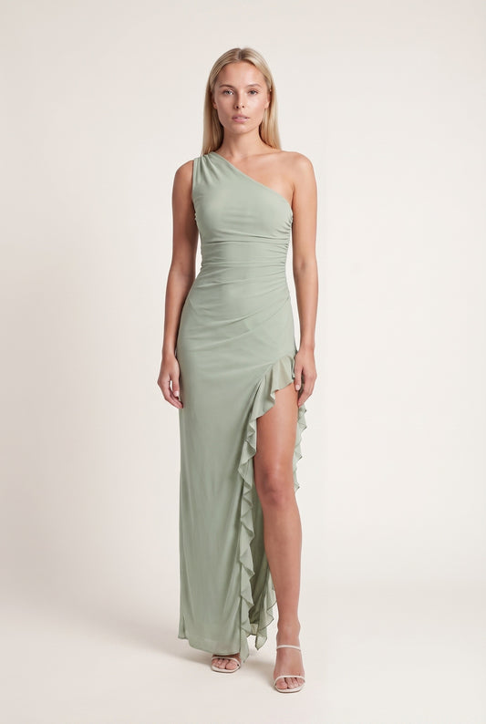 Dames Maxi Jurk One-Shoulder | Saliegroen Met Ruches Detail | Asymmetrische Aansluitende Fit