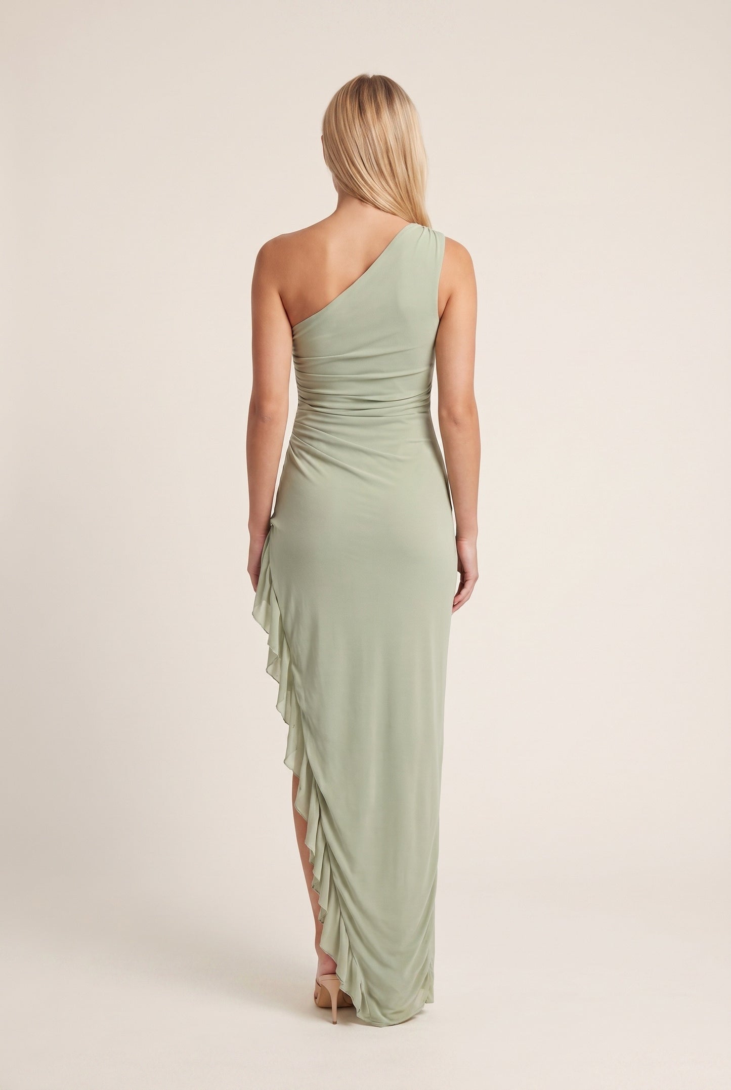 Women's Maxi Dress One-Shoulder | Sage Green with Ruffle Detail | Asymmetric Fitted Fit