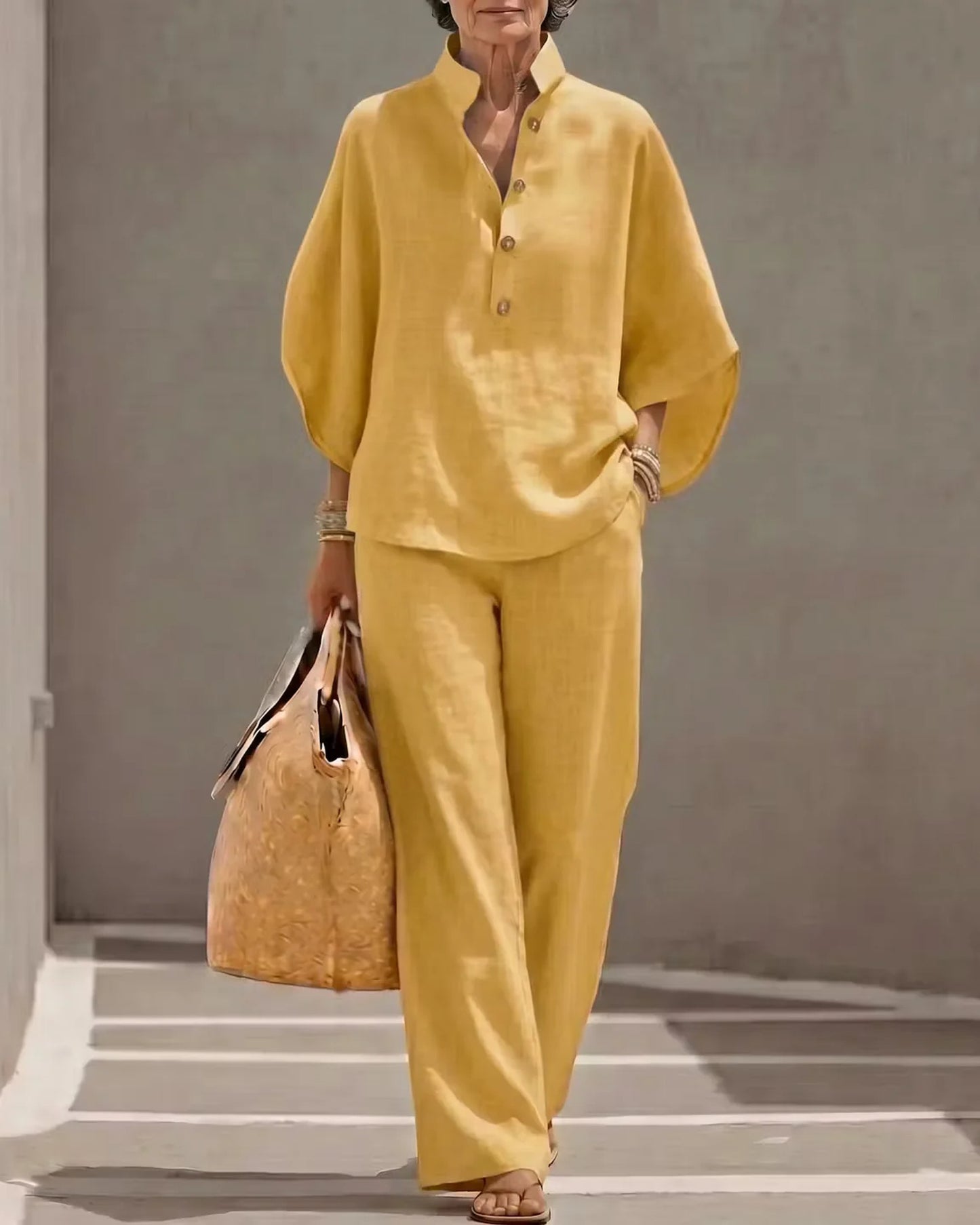 Orane-Fernandine Dames Co-Ord Set | Knoop Placket | Wijde Pijpen