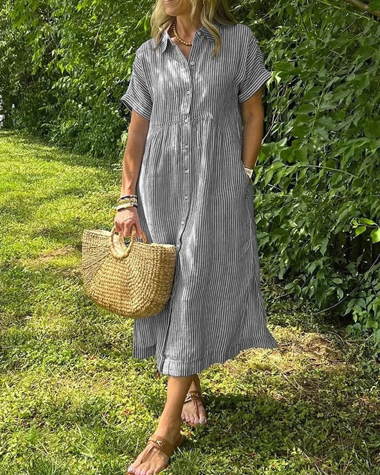 Annemie Dames Maxi Jurk | Streep & Knoopsluiting | Korte Mouwen