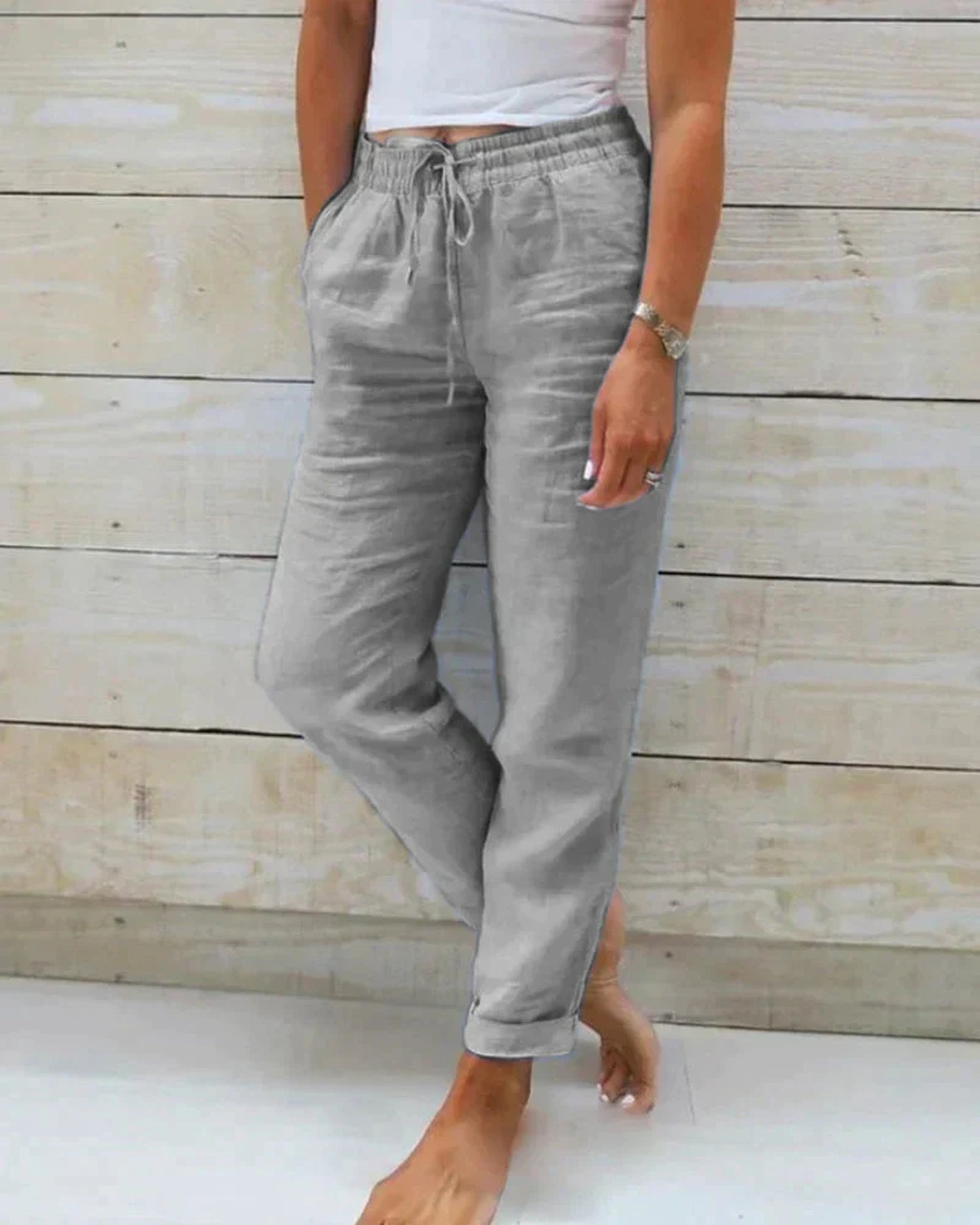 Josette-Césarine Women's Trousers | Drawstring Waist | Rolled-up Hems