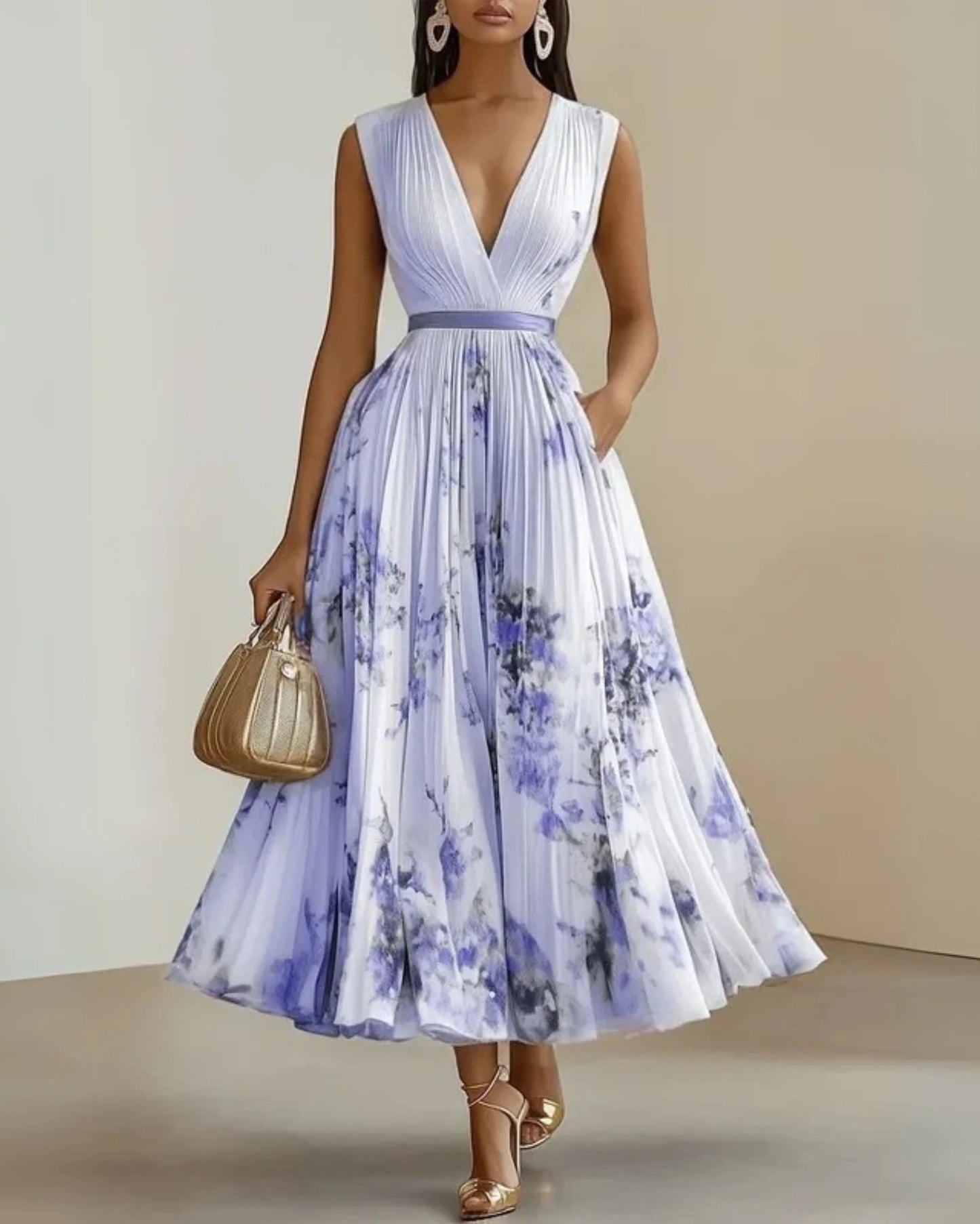 Gerberge Women's Maxi Dress | Deep V-Neck | Pleated Skirt