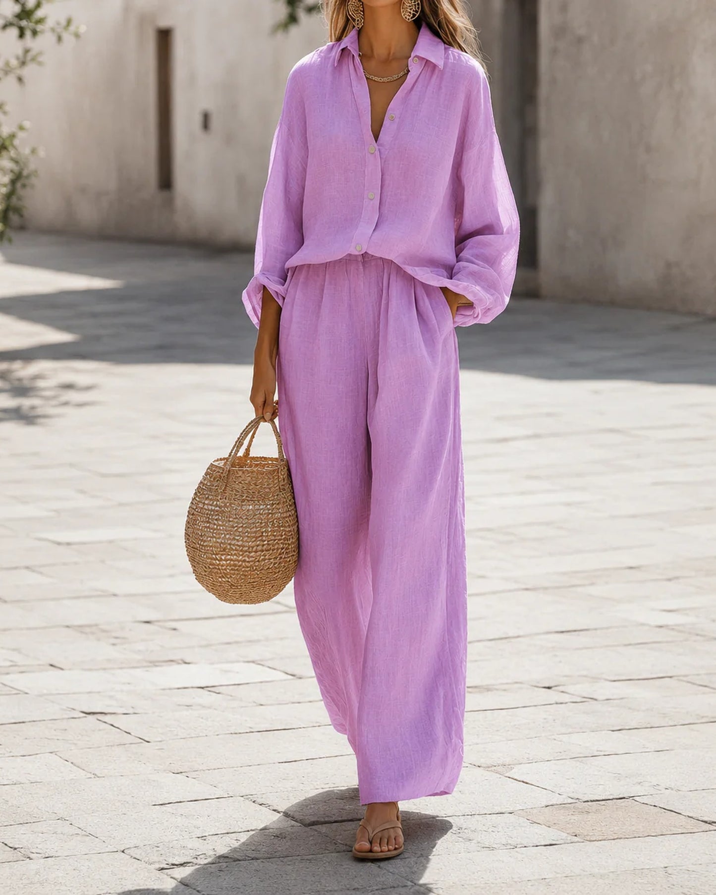 Ivette-Eveline Dames Co-Ord Set | Overhemd Blouse | Wijde Broek