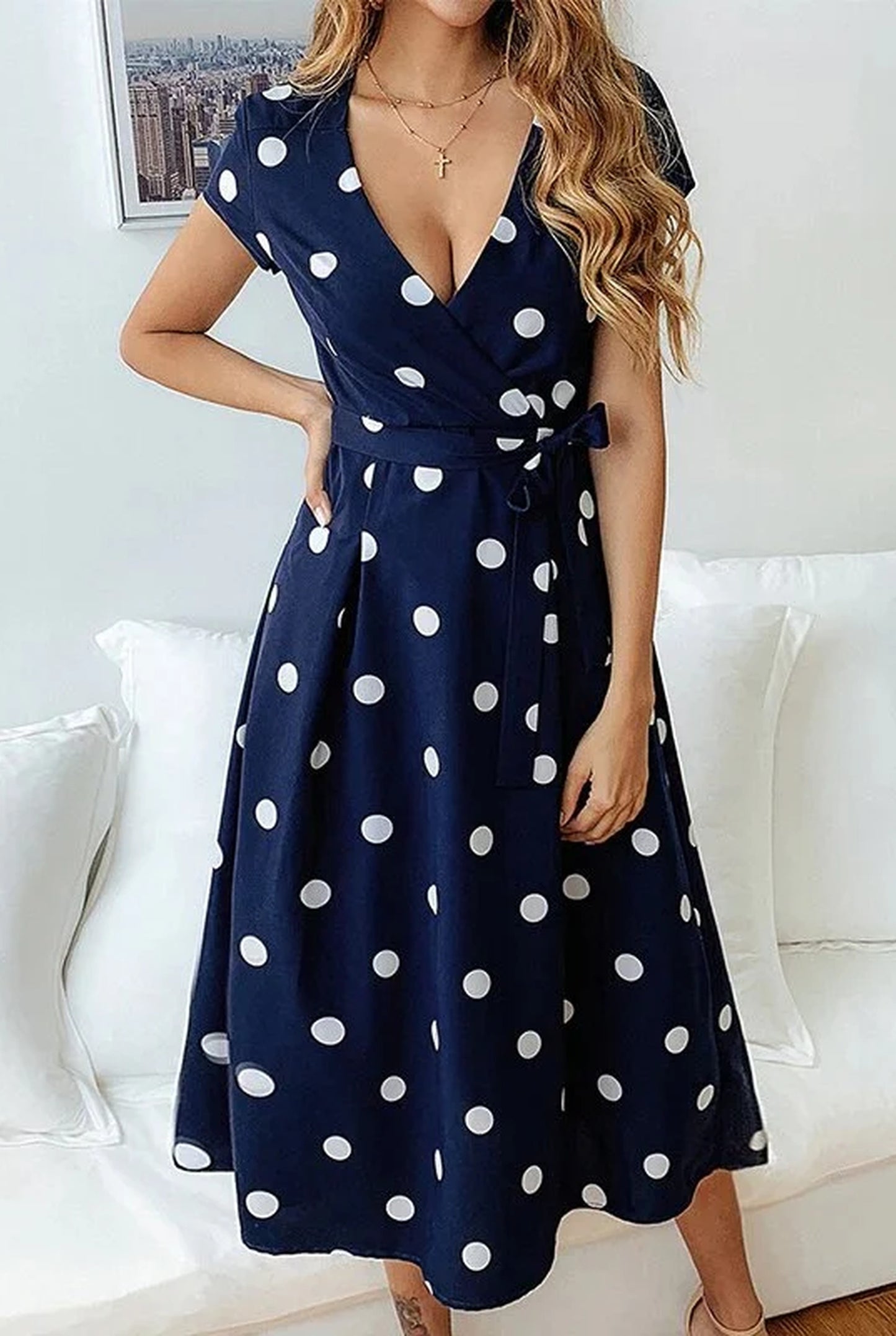 Fernandine Dames Midi Jurk | V-Hals | Polkadot
