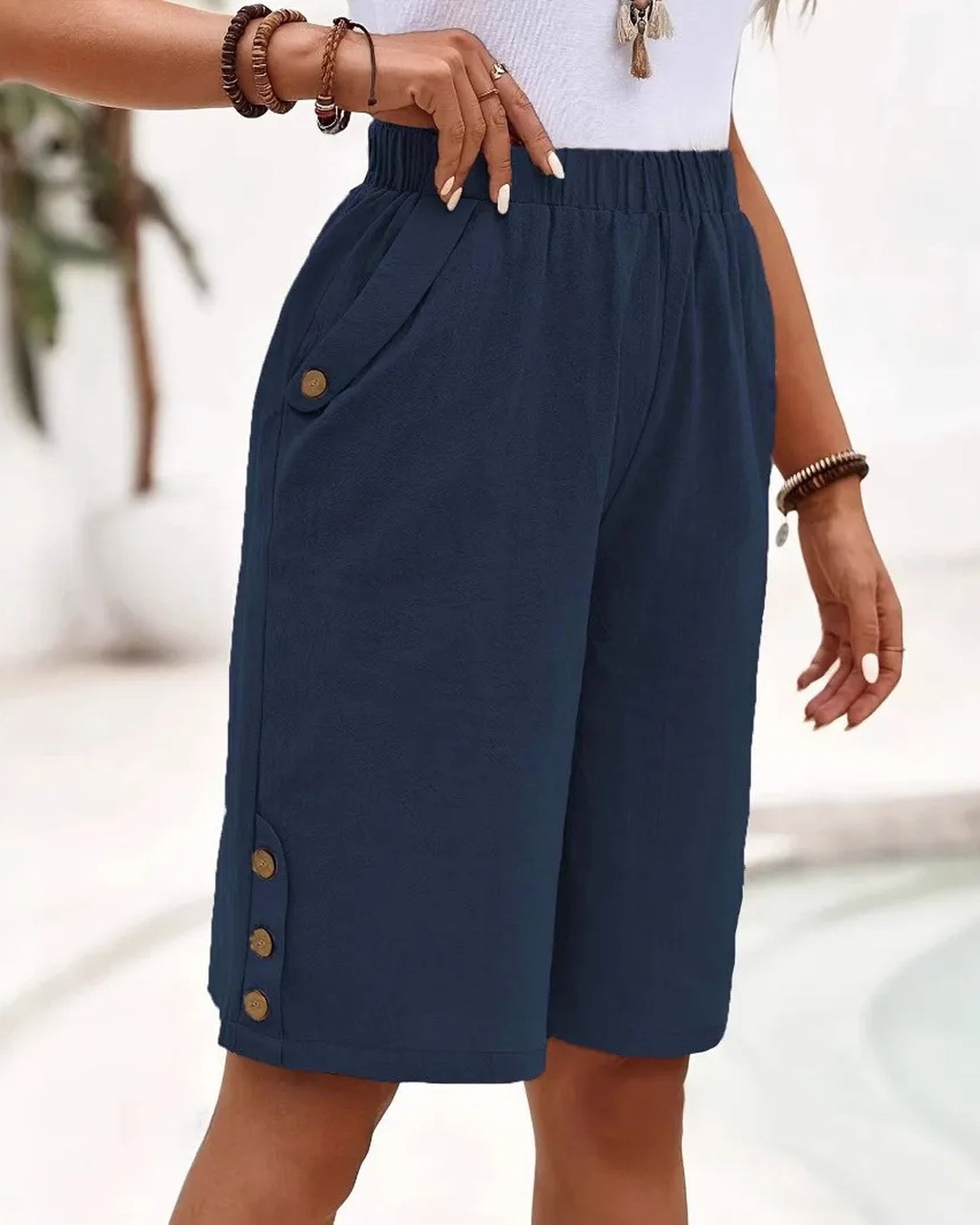 Ambra Ladies Shorts | Elastic Waist | Button Detail