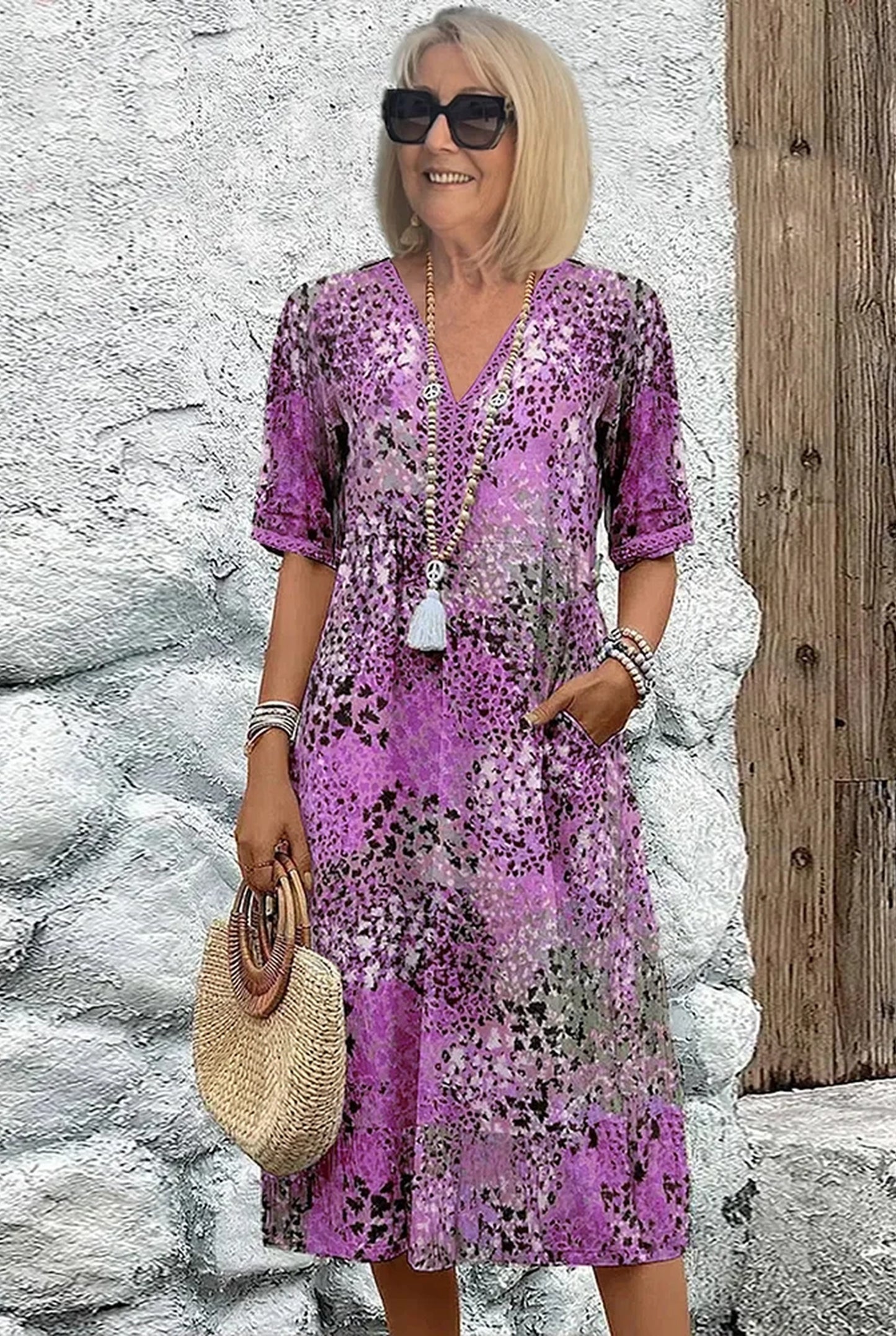 Odile damekjole Midi | V-hals | Mix med leopardprint