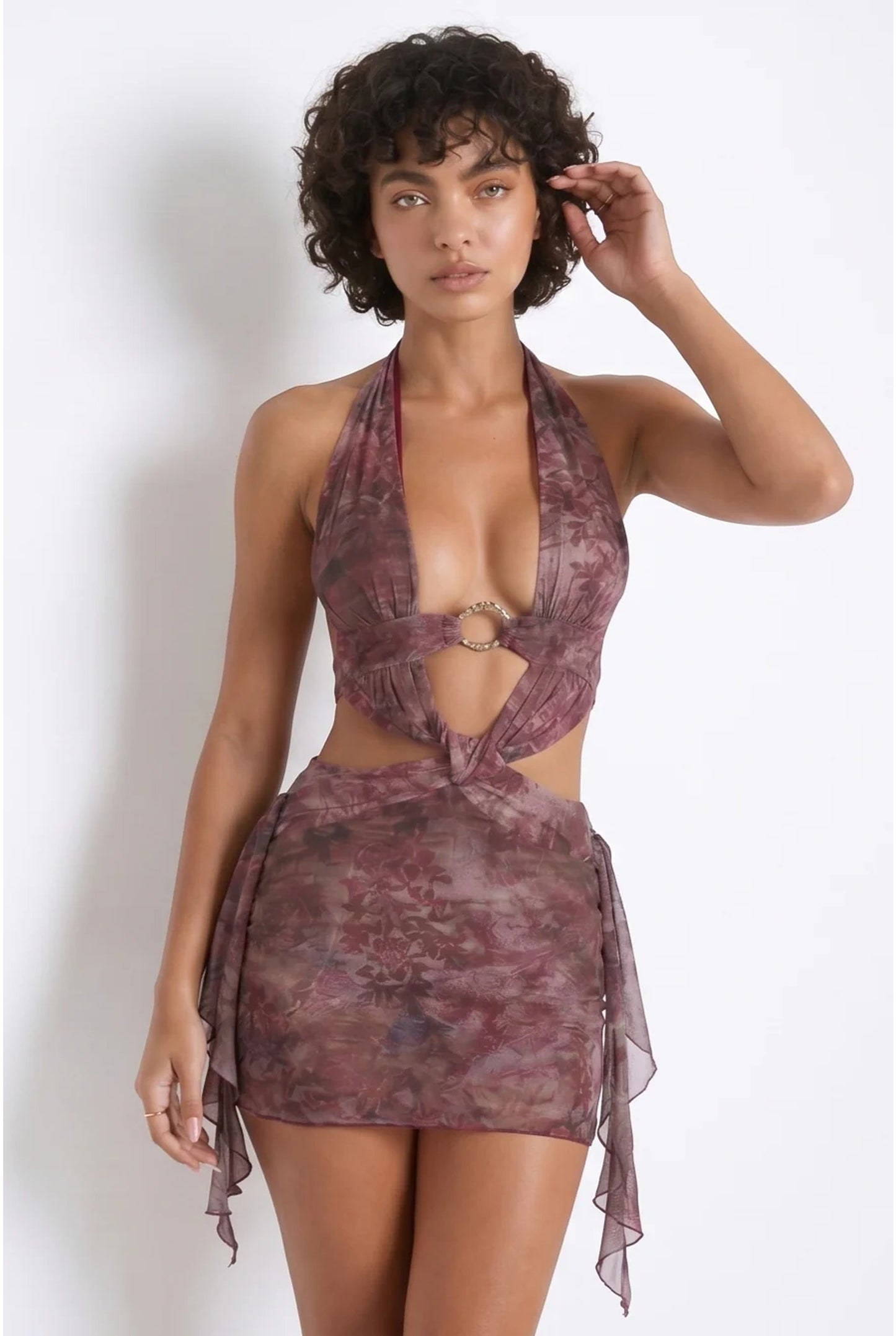Dames Mauve Mini Jurk | Halterneck | Tie-Dye