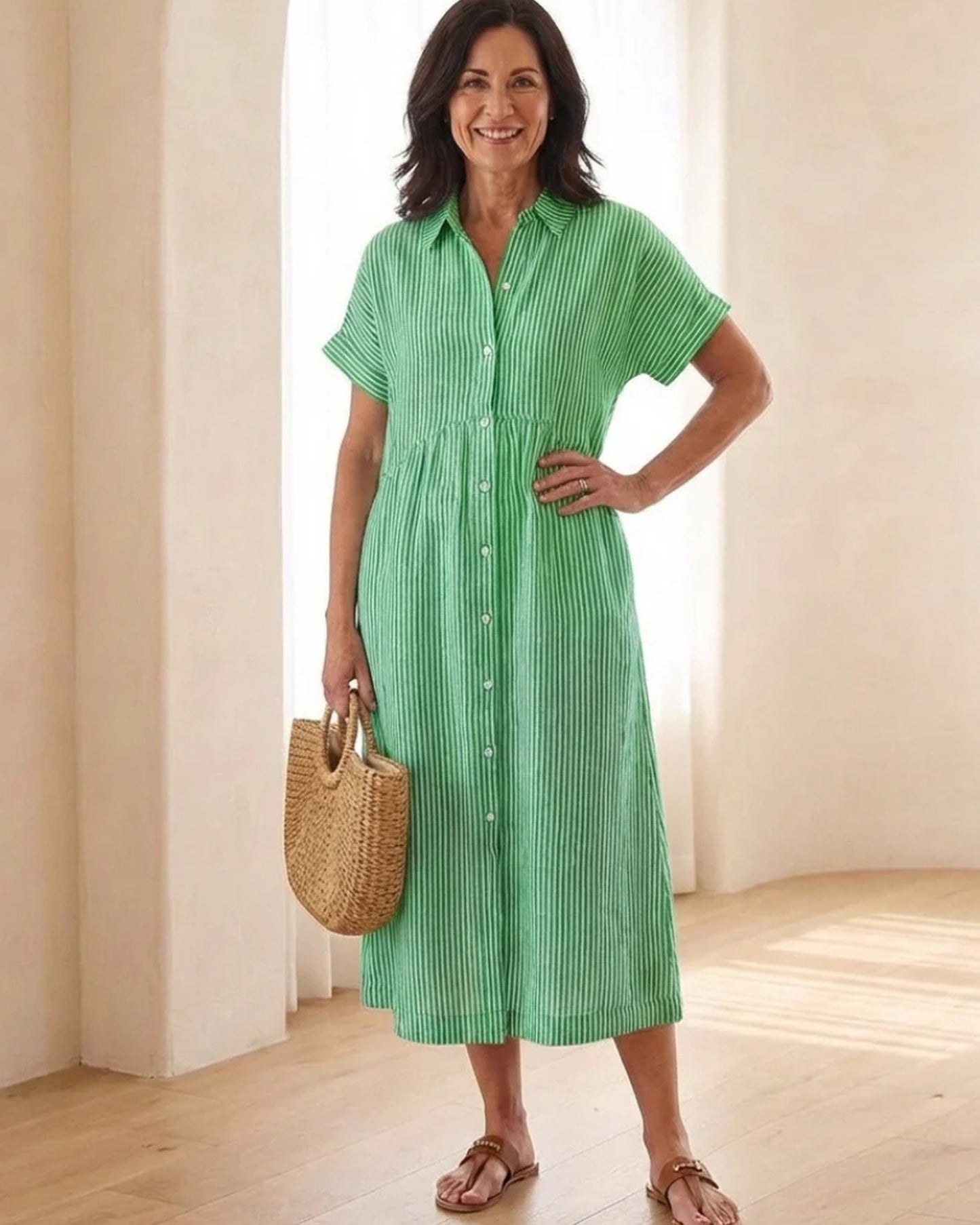 Annamaria Dames Midi Jurk | Gestreepte Print | Hemdskraag
