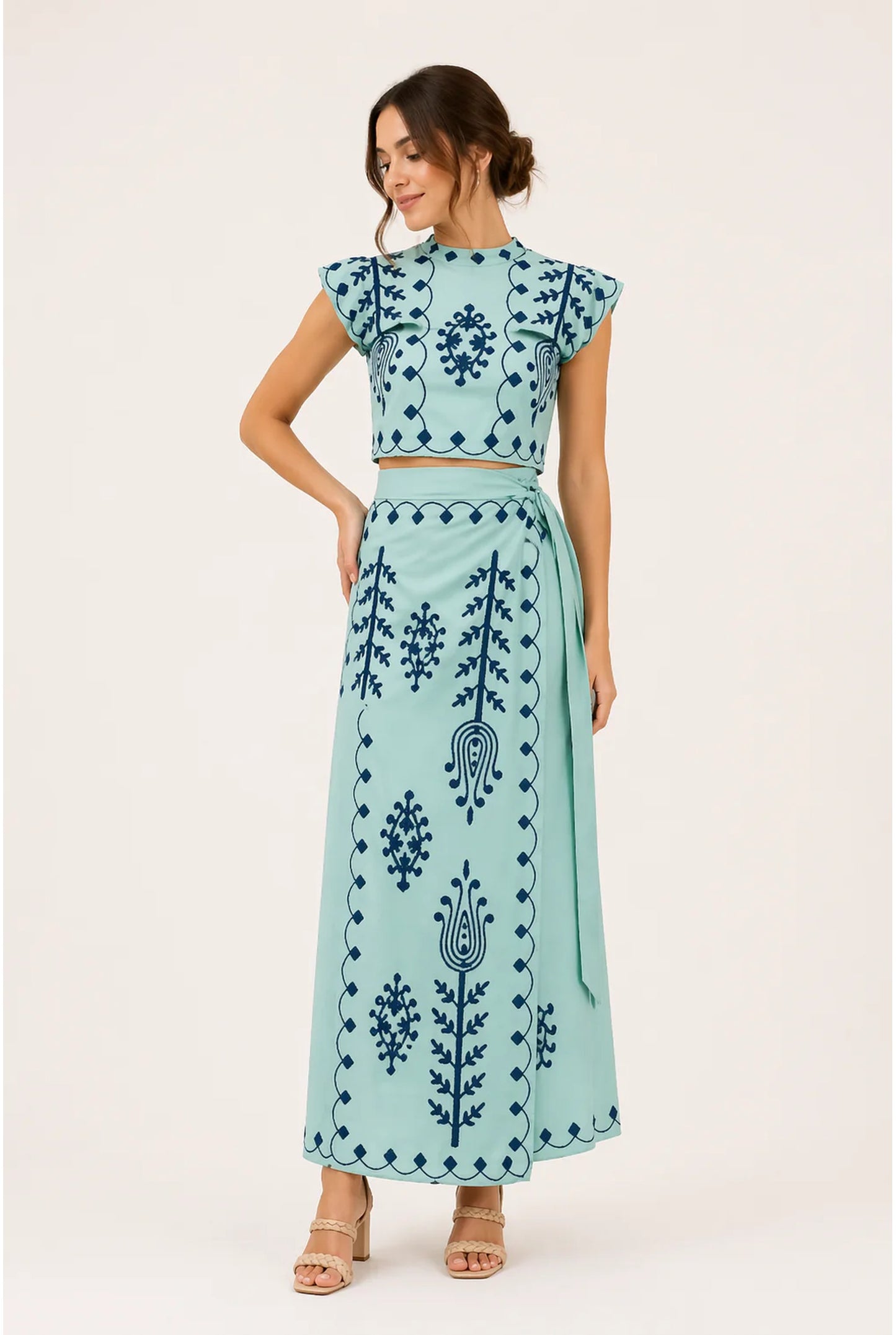 Ségolène Co-Ord Set | Embroidered Motif | Maxi Skirt