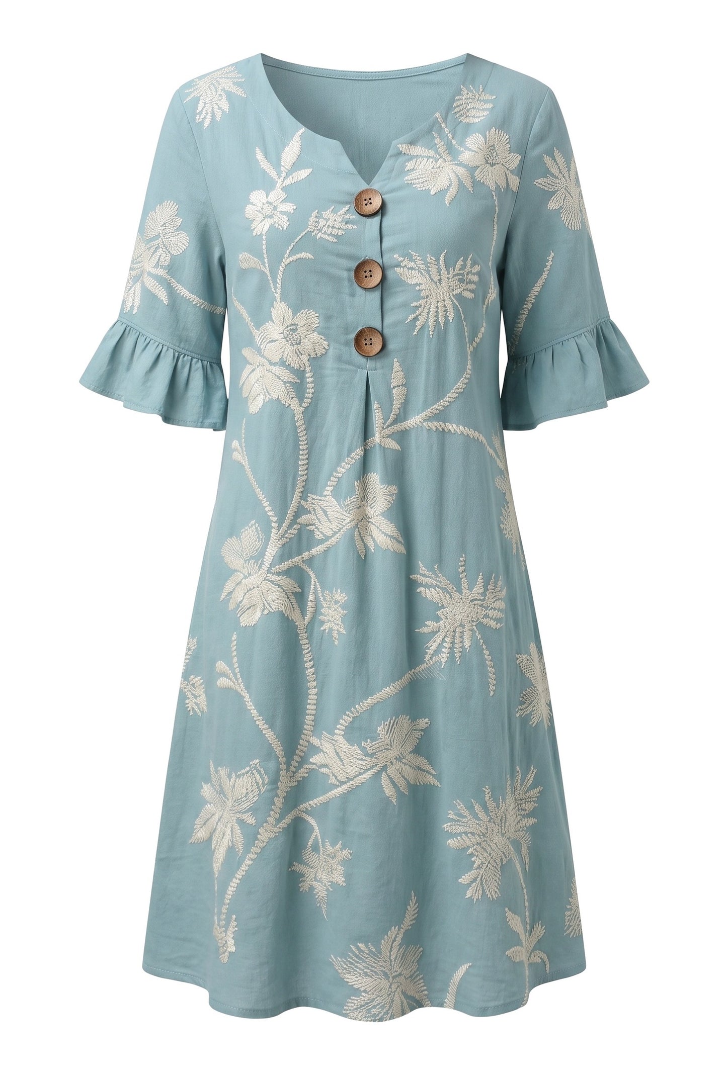 Javotte Dames Midi Jurk | Geborduurd Bloemenpatroon | Ruches Mouwen