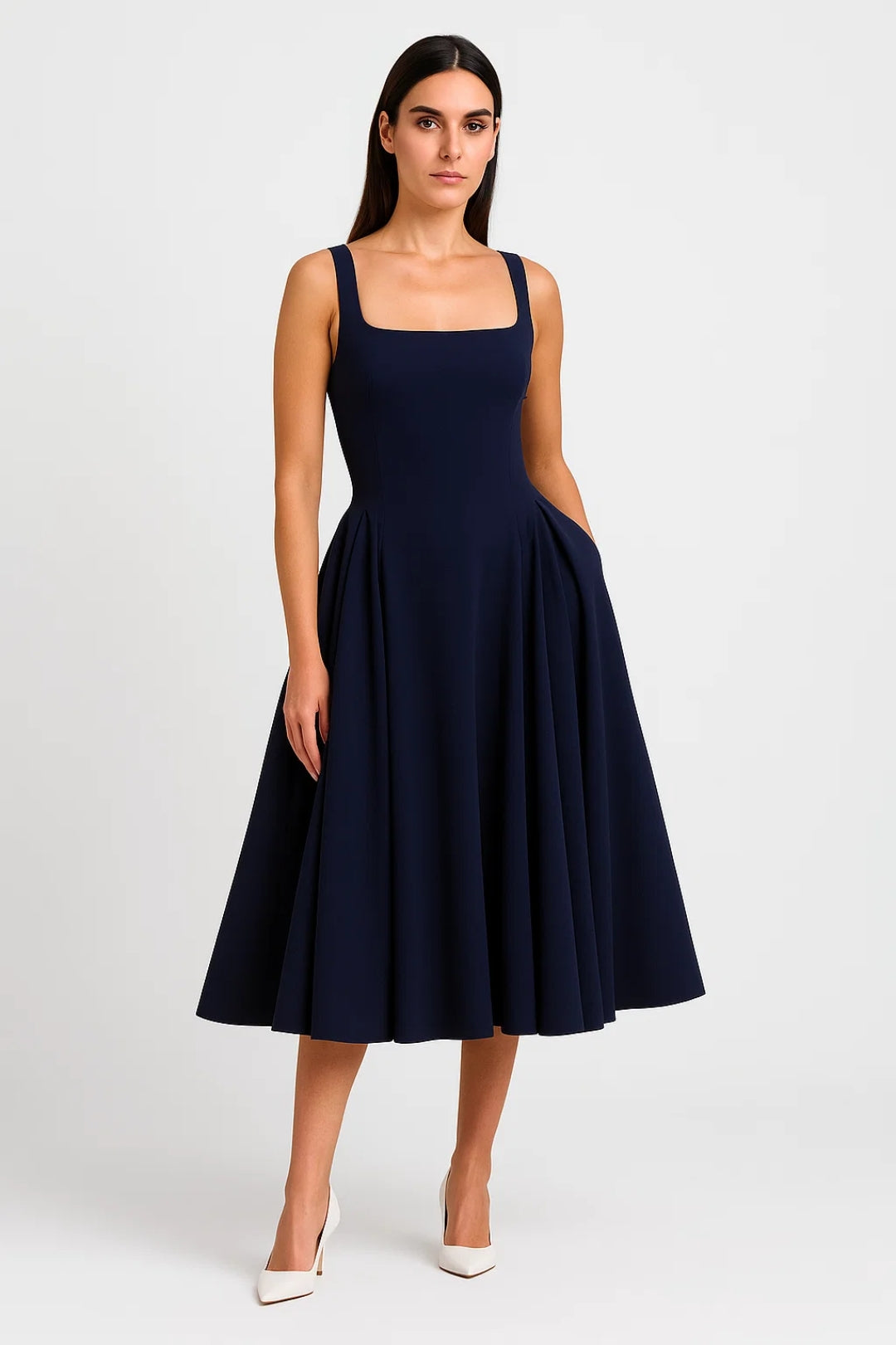 Mira Midi Jurk Dames | Brede Bandjes Vierkante Halslijn Elegant 4