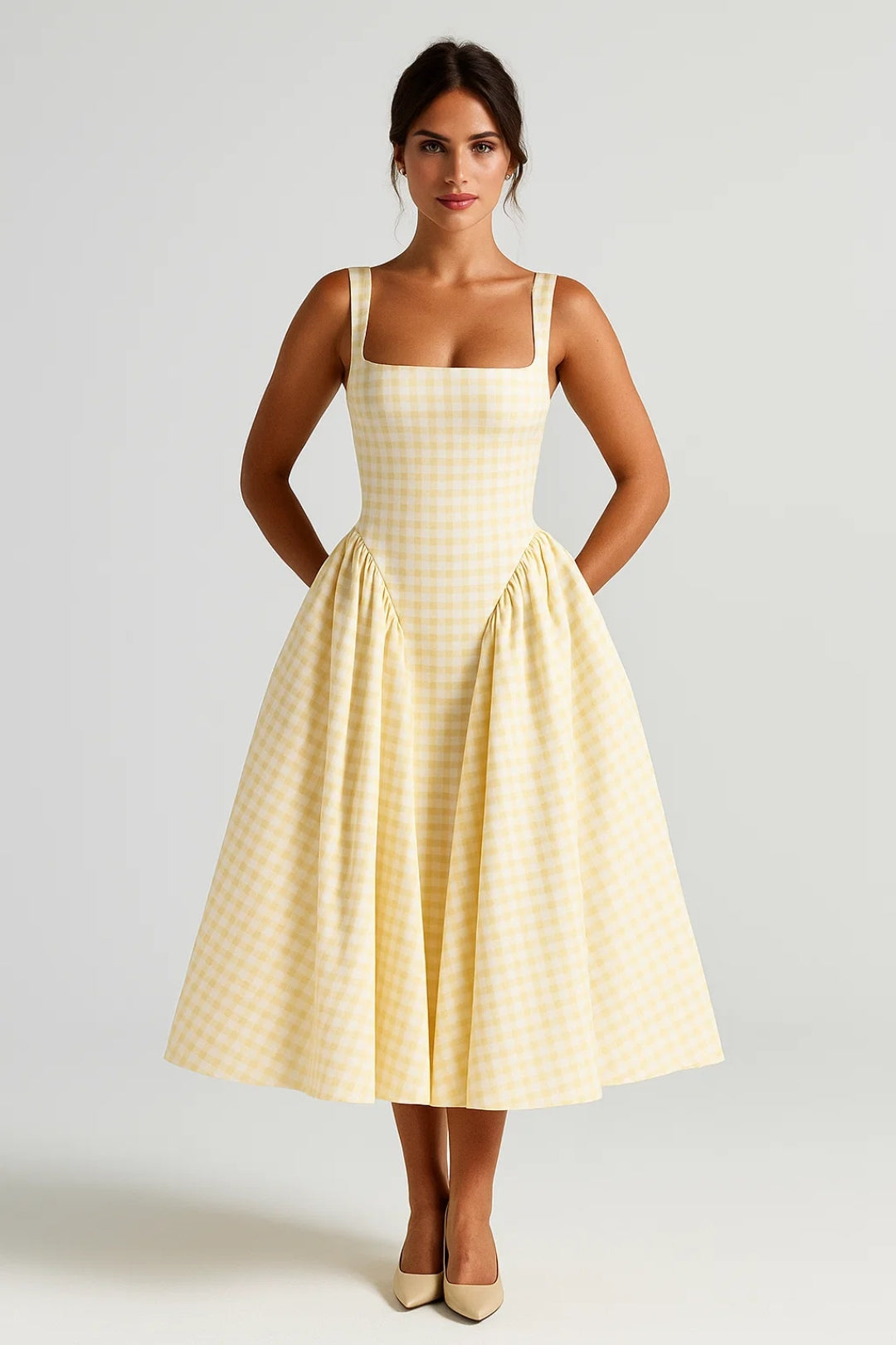 Mirella Dames Midi Jurk | Mouwloos | Retro Ruitpatroon | Vierkante Hals 5