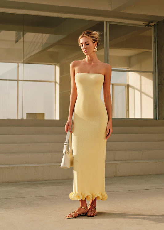 Mirella Midi Jurk Dames – Minimalistisch Ontwerp Met Sculpturale Ruches 2