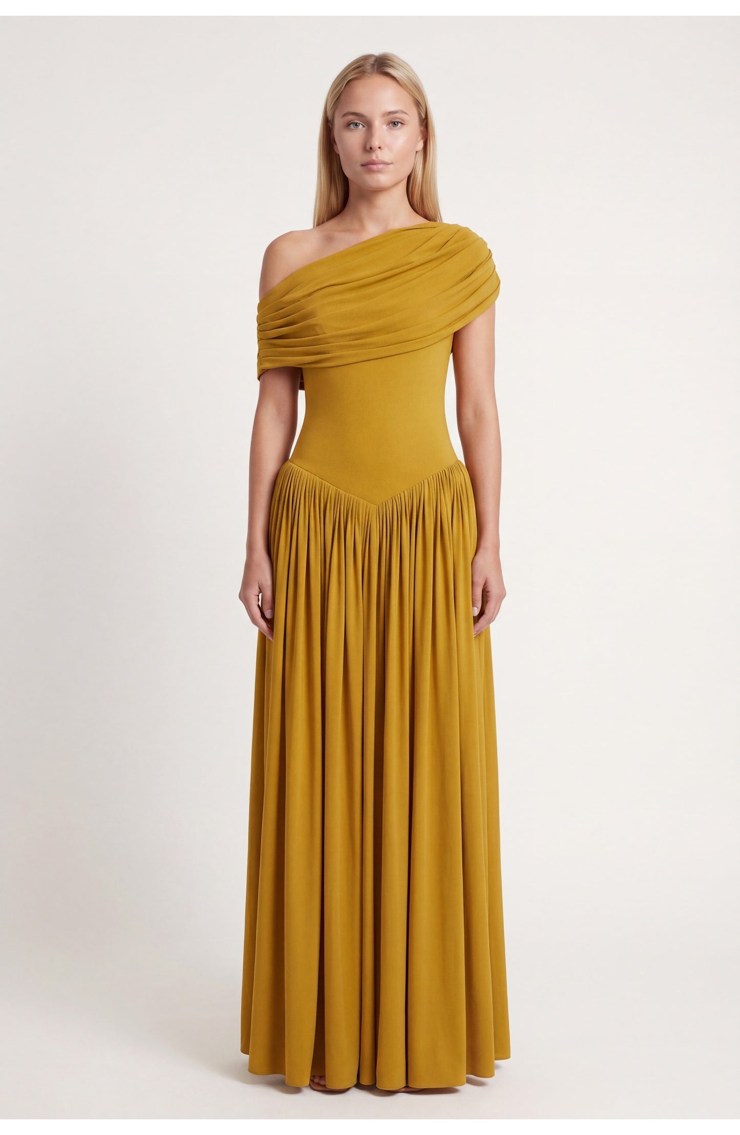 Women's Maxi Dress | Off-Shoulder Draping | Pleated Skirt