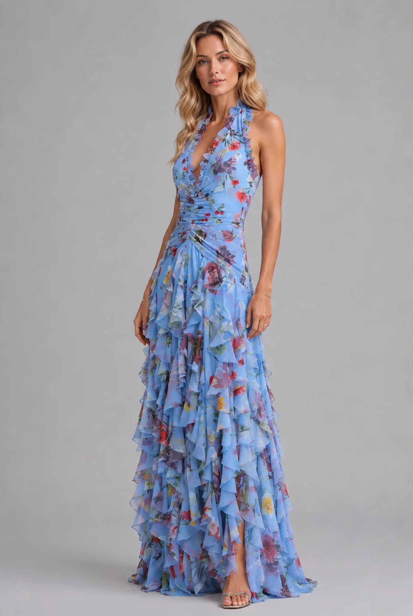 Maëline Dames Maxi Kjole | Dyb Halter V-Hals | Lagdelte Ruffles Nederdel
