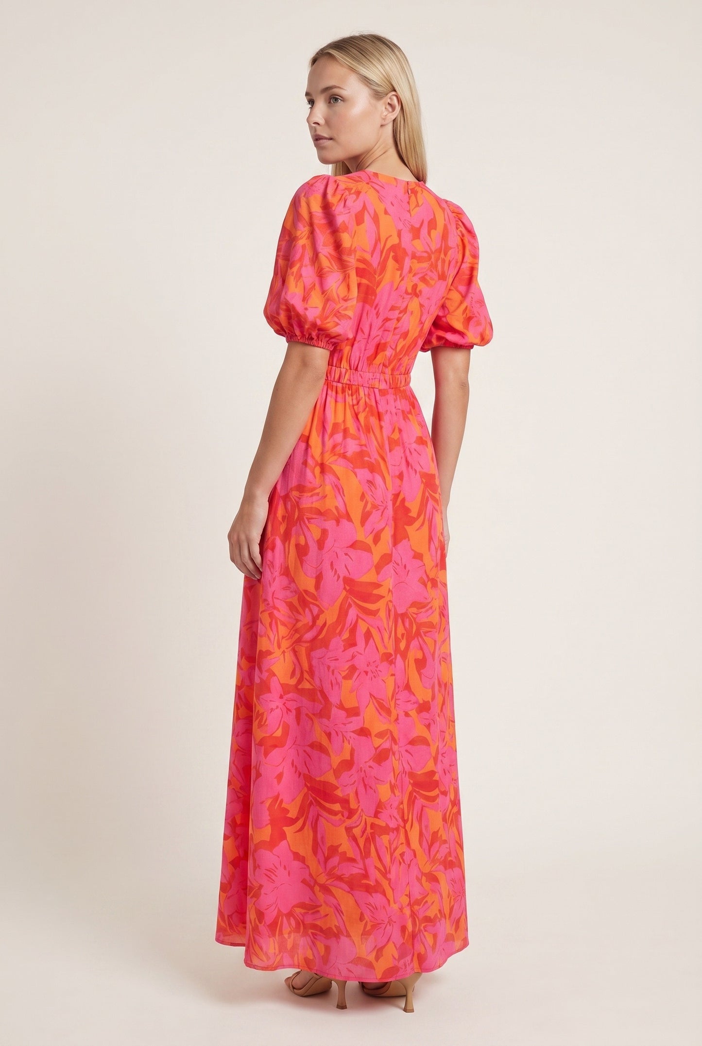 Dames Midi Jurk | V-Hals met Knoopdetail | Ballonmouwen