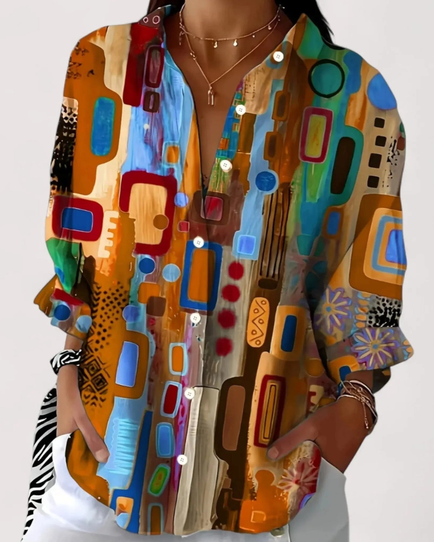 Adriana Dames Blouse | Geometric Patchwork Print | Oversized Fit