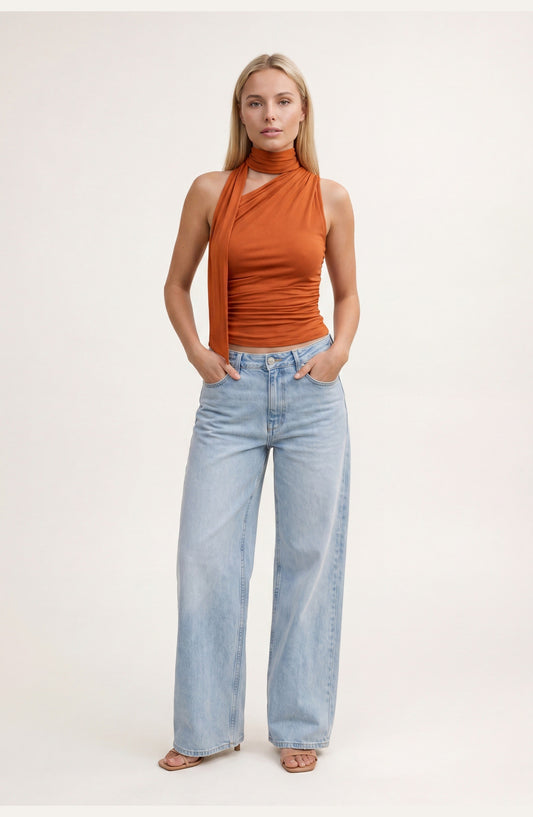 Dames Oranje Top | Halterneck | Ruches