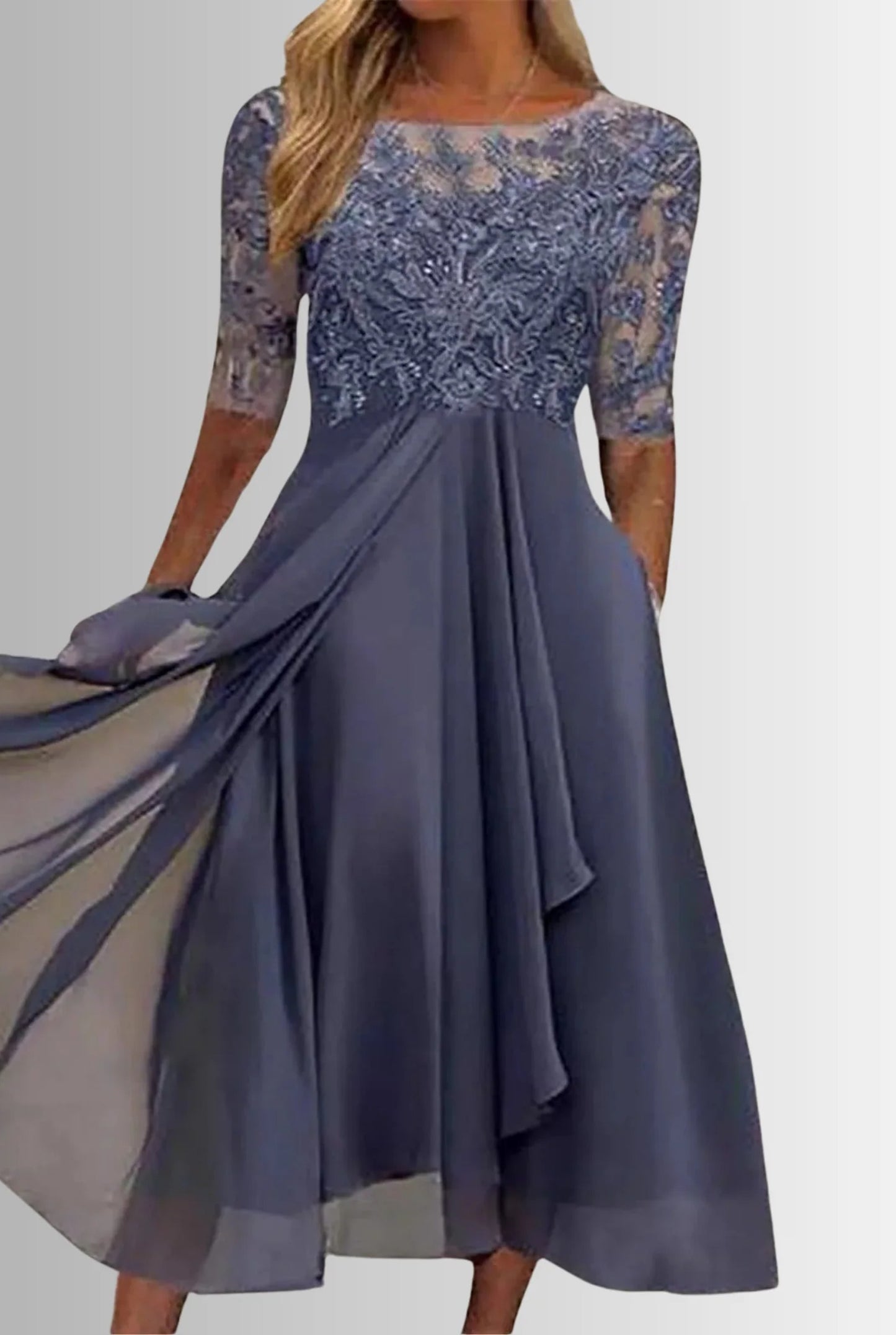 Ameline Dames Midi Jurk | Kanten Bovenstuk | Driekwart Mouwen