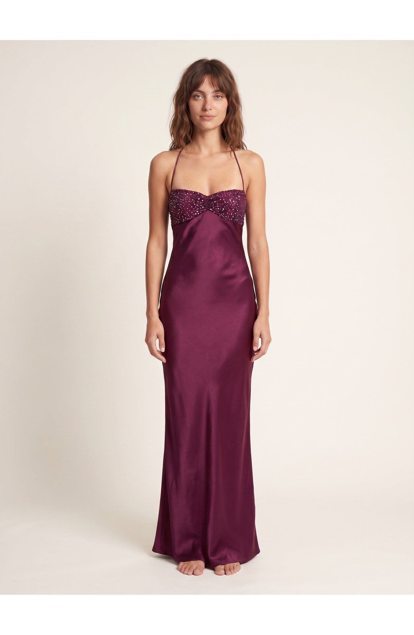 Liane Women's Maxi Dress | Satin Halter Neckholder | Embroidered Bustier Detail
