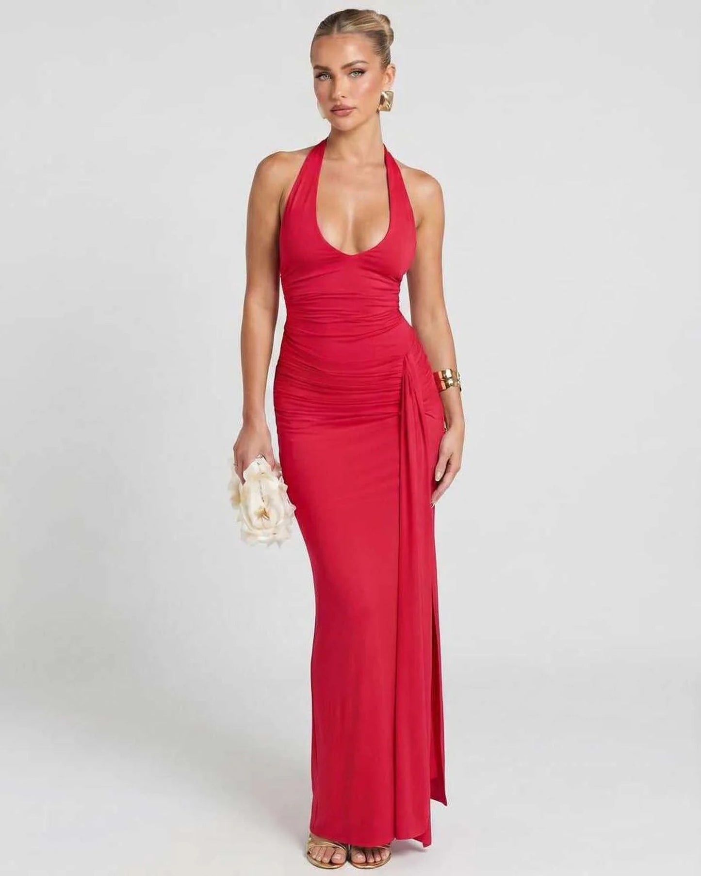 Réjane Dames Maxi Jurk | Halterneck | Hoge Split