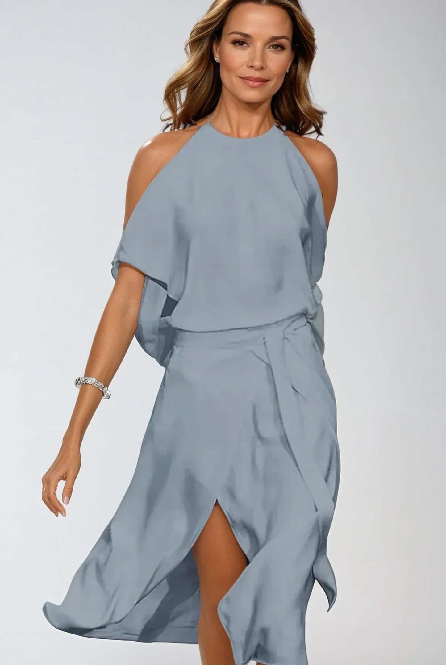Linette Dames Midi Jurk | Cold-shoulder Mouwen | Asymmetrische Split