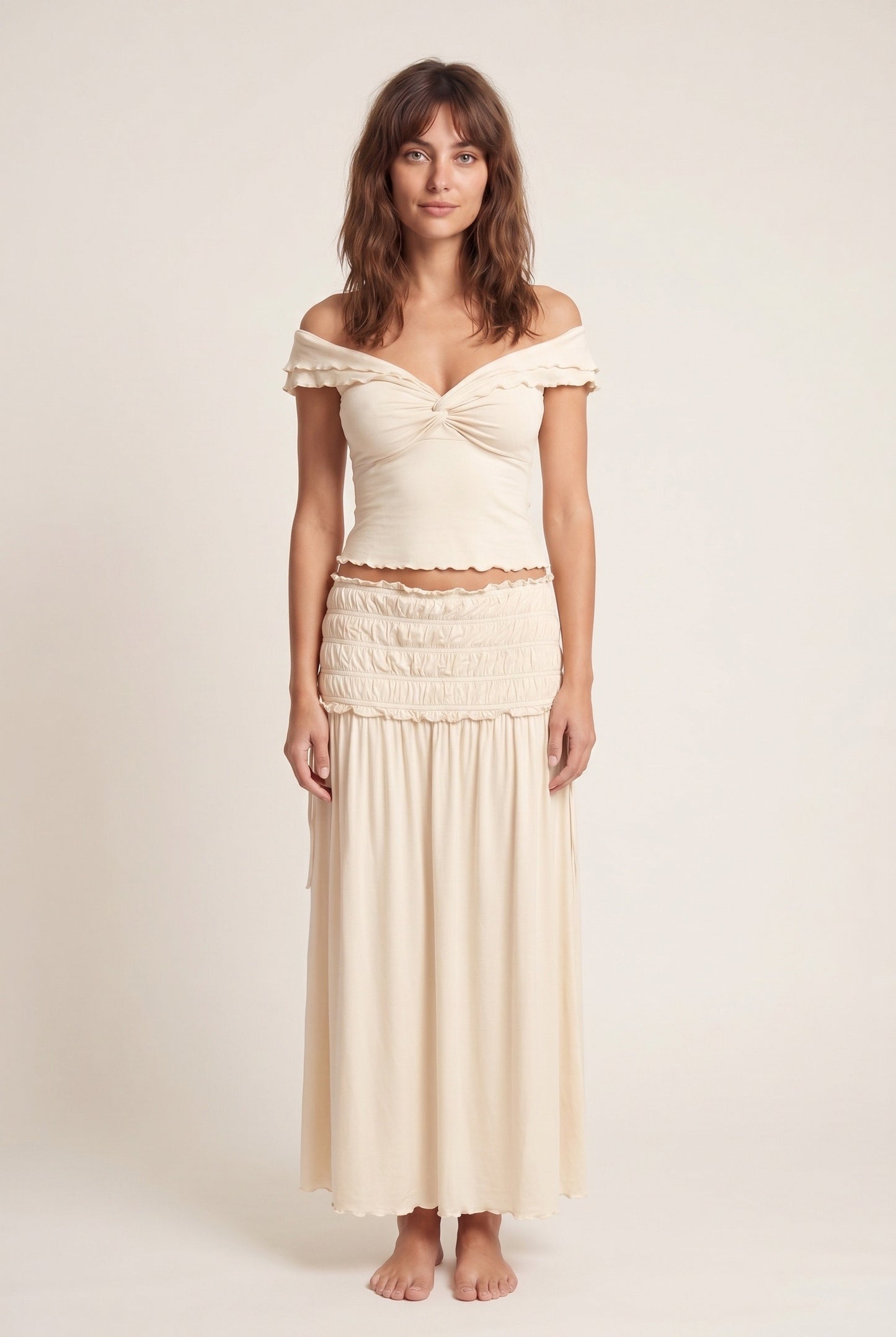 Women's Dress | Off-Shoulder Crop Top & Ruched Skirt | Cream Co-Ord Set