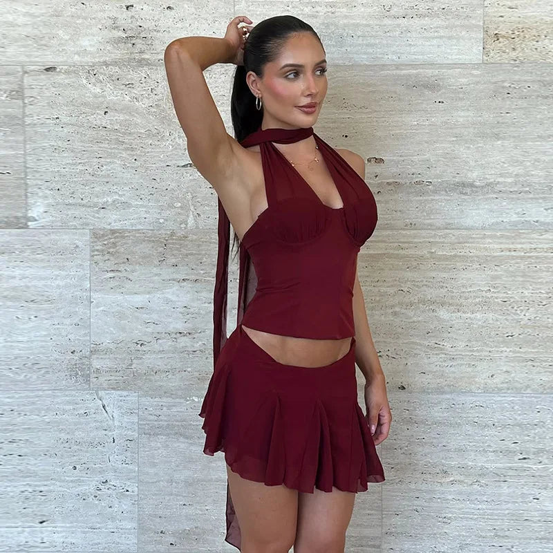 Clara Set – Elegante Haltertop met Mini Rok | Tweedelige Set Dames, Stretchstof, Asymmetrische Plooien 4