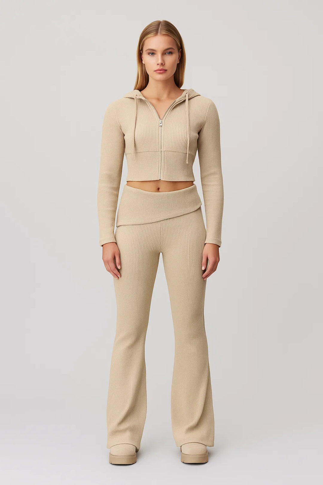 Tiziana Co Ord Set Dames | Cropped Top | Flared Broek | Geribde Structuur 3