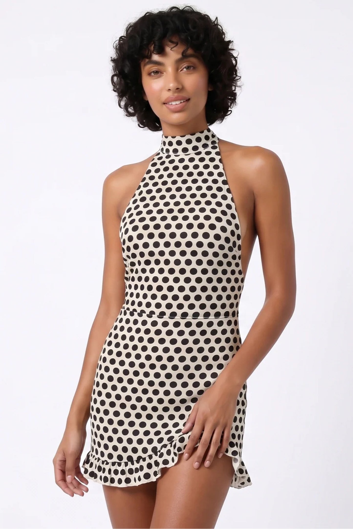 Dames Halterneck Mini Jurk | Stippenprint | Ruches Detail
