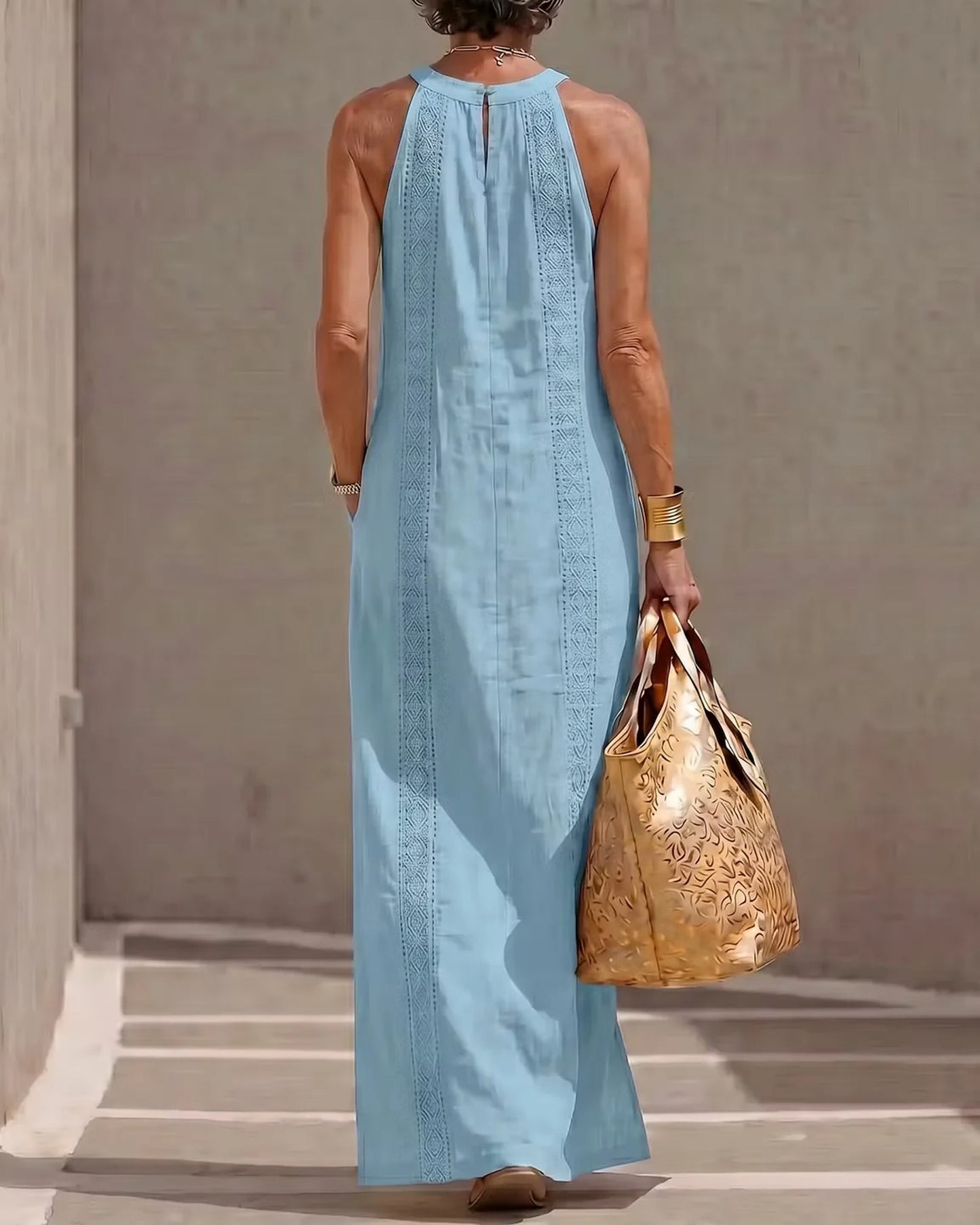 Soline-Cléopâtre Dames Midi Jurk | Halternek | Kantdetail