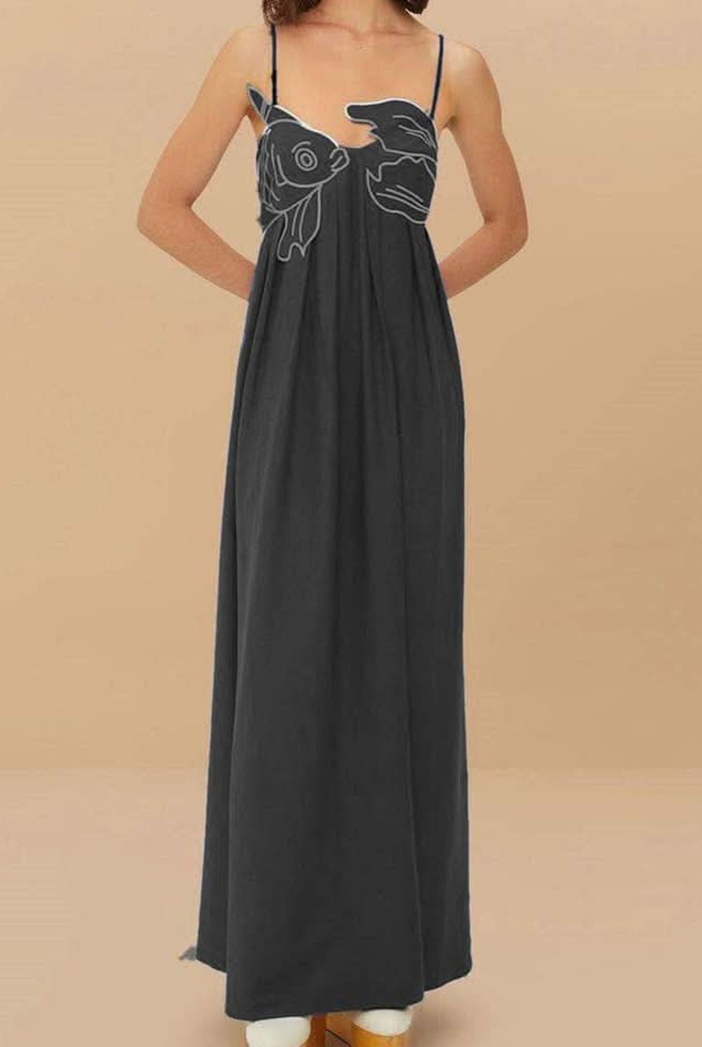 Michèle Ladies Maxi Dress | Koi Fish Embroidery | Contrast Piping