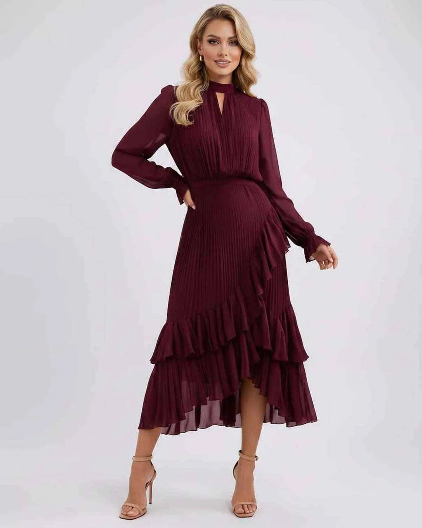Mannette Women's Maxi Dress | Pleated Ruffles | Keyhole Neckline
