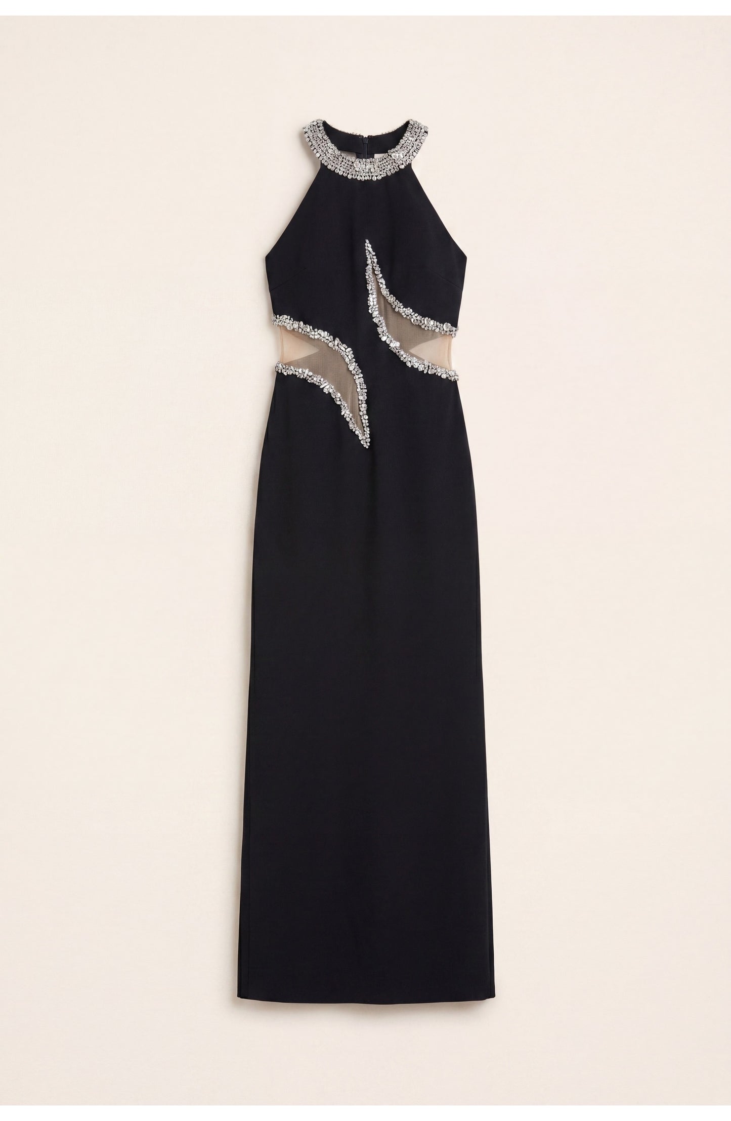 Dames Maxi Jurk | Transparante Mesh Inzetten | Kristallen Halslijn