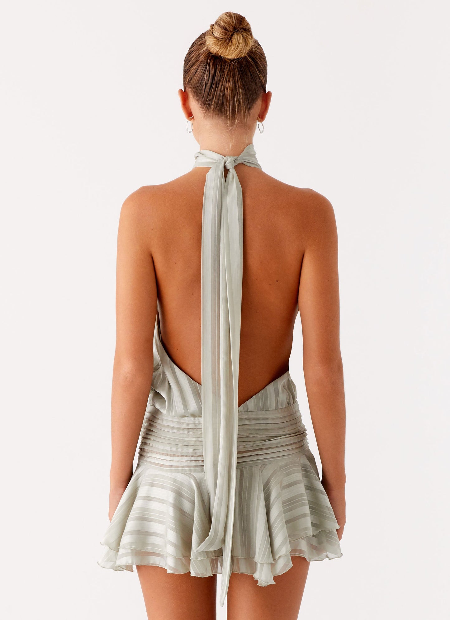 Isadora Chiffon Mini-jurk | Fuchsia Halternek met Gelaagde Rok 15