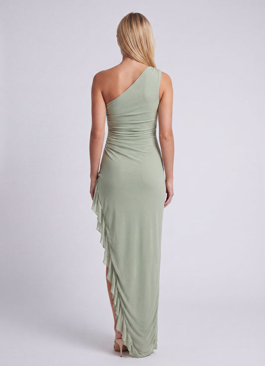 Dames Maxi Jurk One-Shoulder | Saliegroen Met Ruches Detail | Asymmetrische Aansluitende Fit