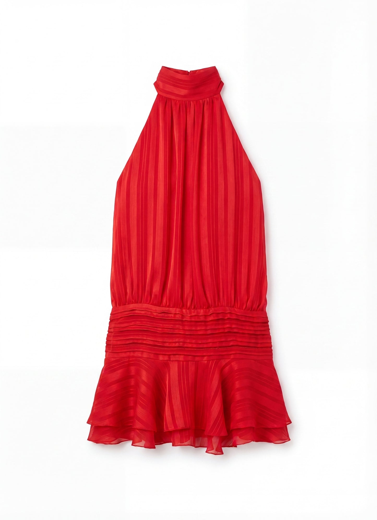 Isadora Dames Halter Mini Jurk | Hoge Hals | Geplisseerde Rok met Ruffle | Open Rug met Strikband