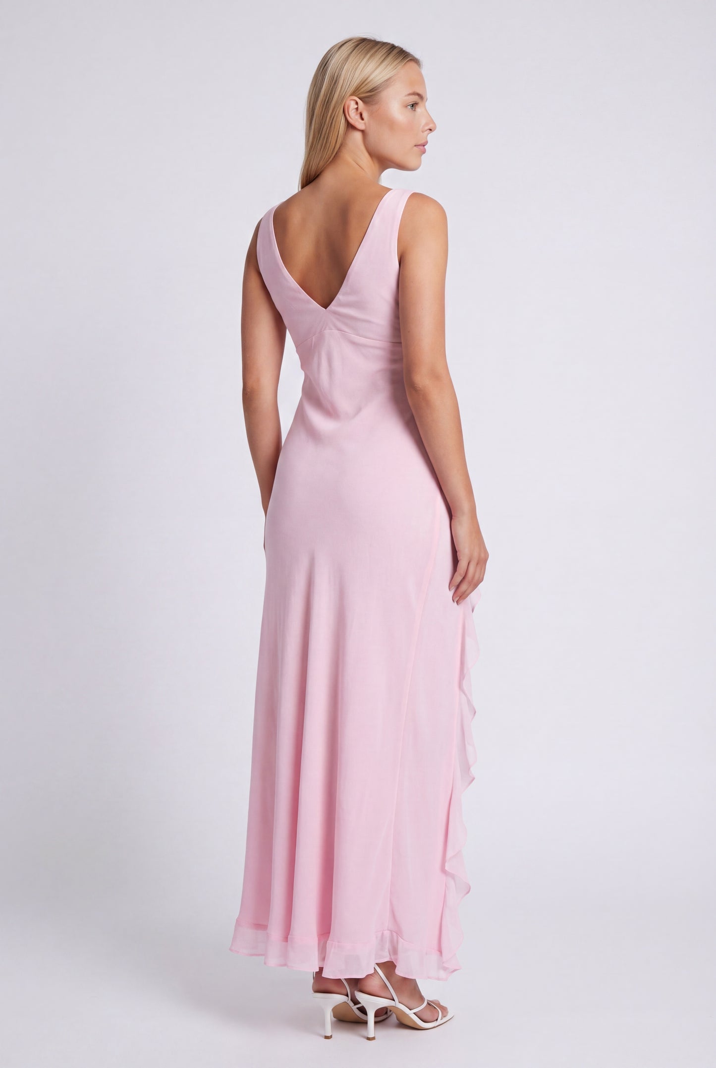 Sandra Maxi Dress | Deep Neckline with Ruffle Hem and Lined Material